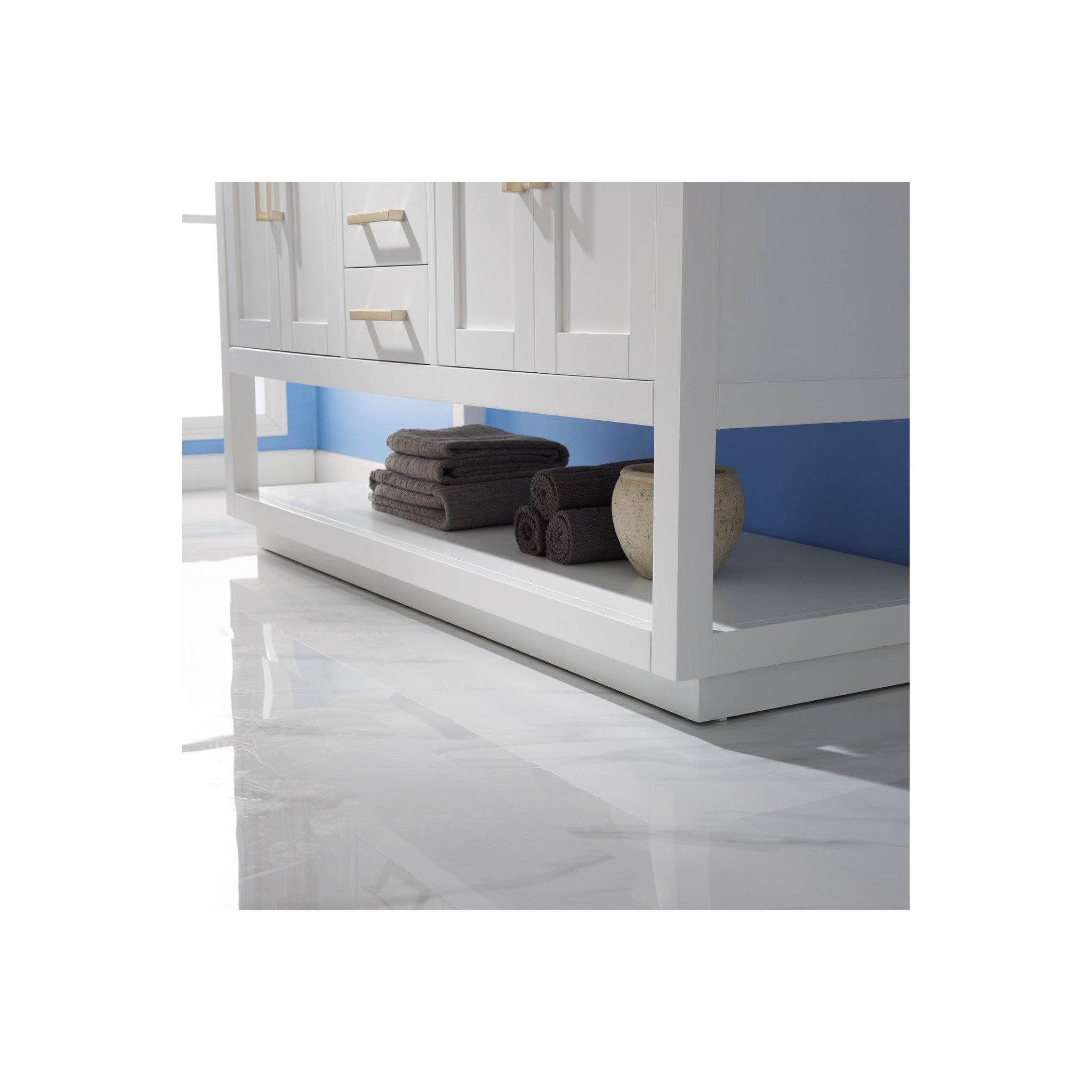 Remi 60" Double Bathroom Vanity Set in White and Carrara White Marble Countertop without Mirror