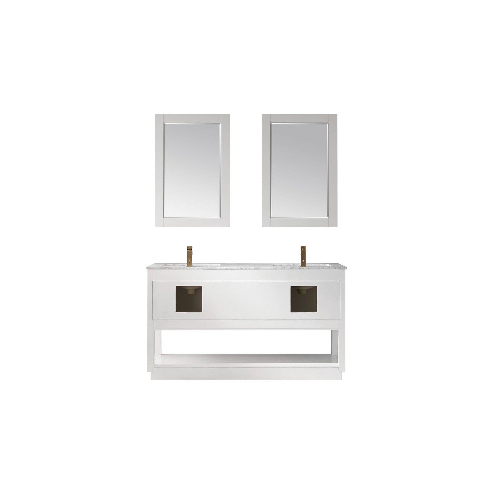 Remi 60" Double Bathroom Vanity Set in White and Carrara White Marble Countertop with Mirror
