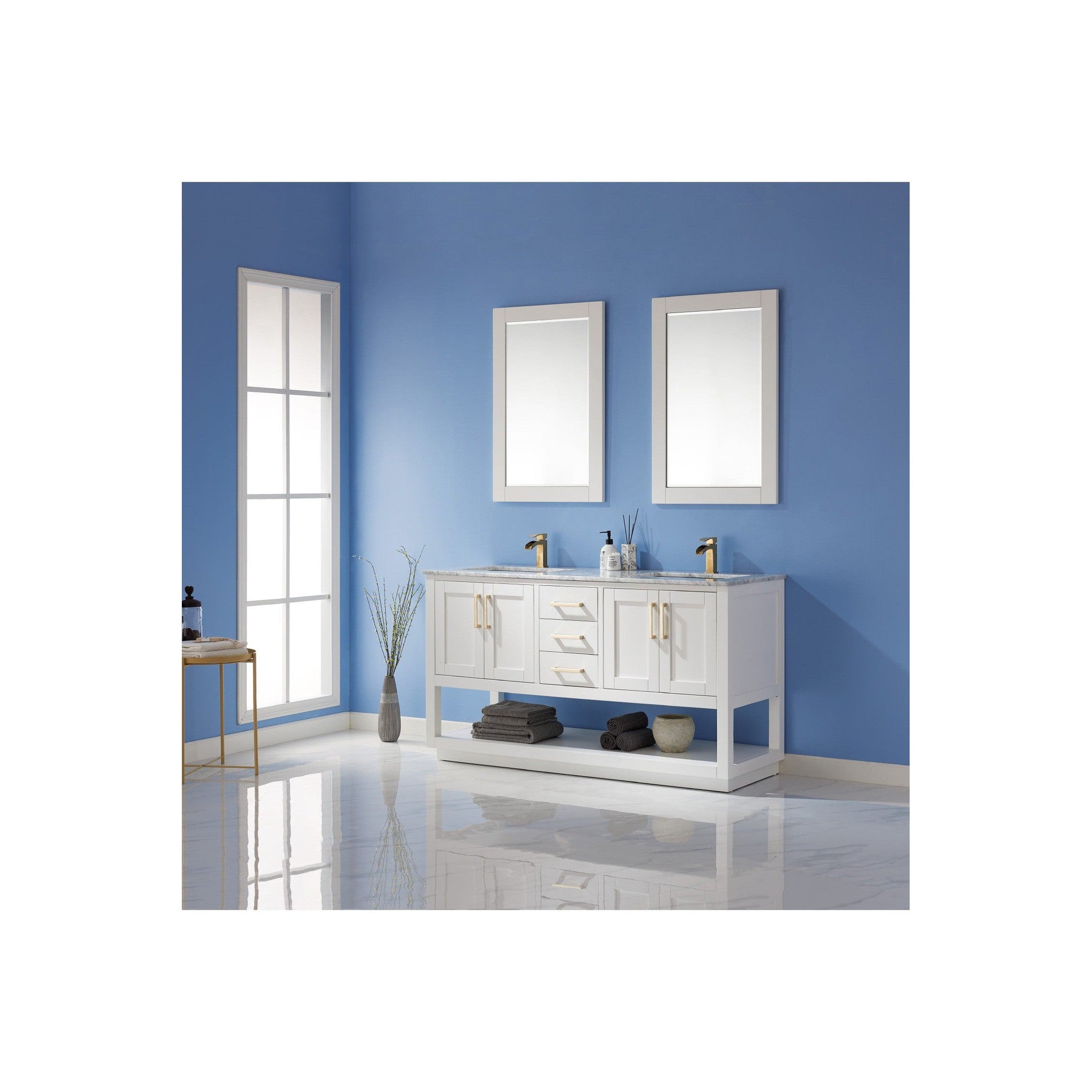 Remi 60" Double Bathroom Vanity Set in White and Carrara White Marble Countertop with Mirror