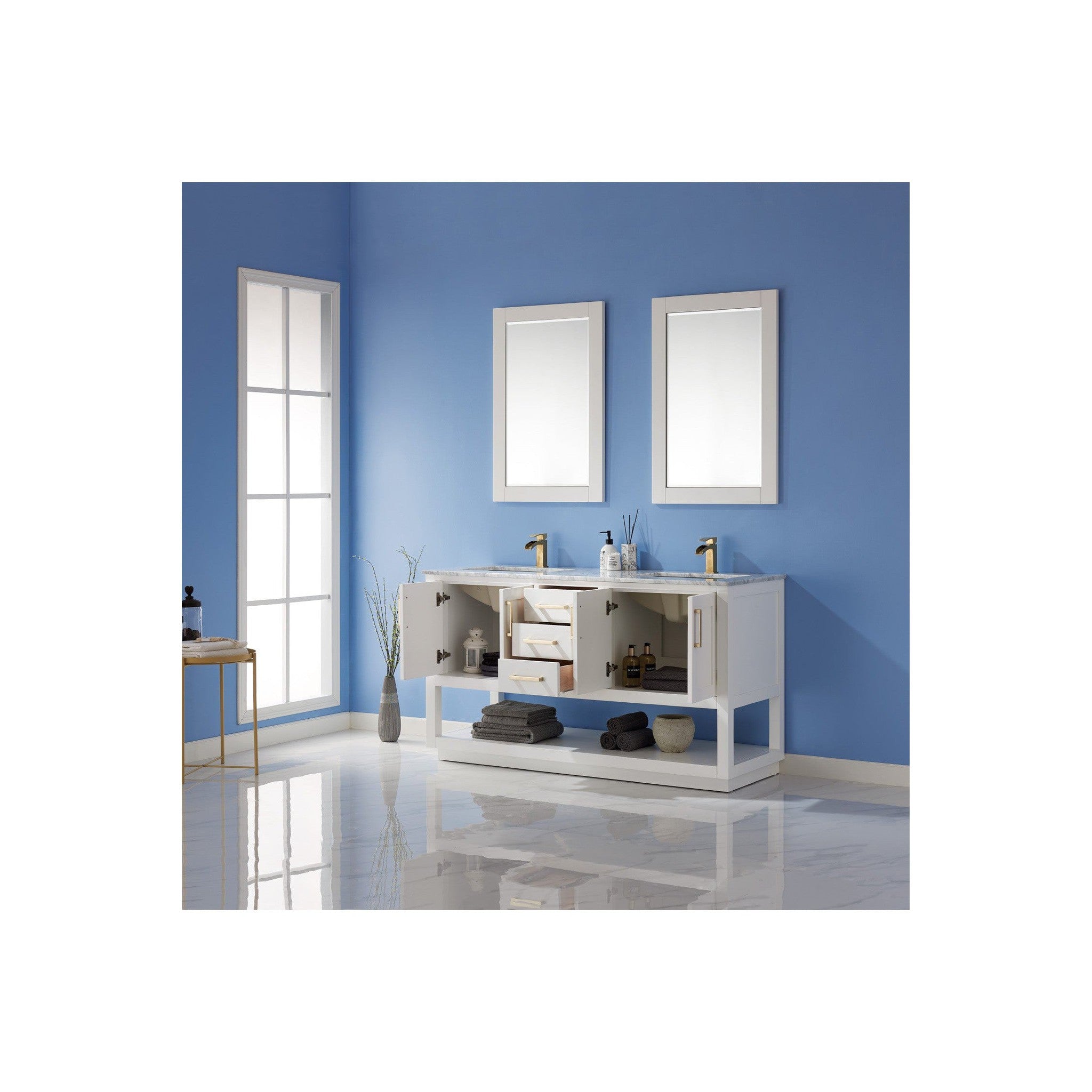 Remi 60" Double Bathroom Vanity Set in White and Carrara White Marble Countertop with Mirror