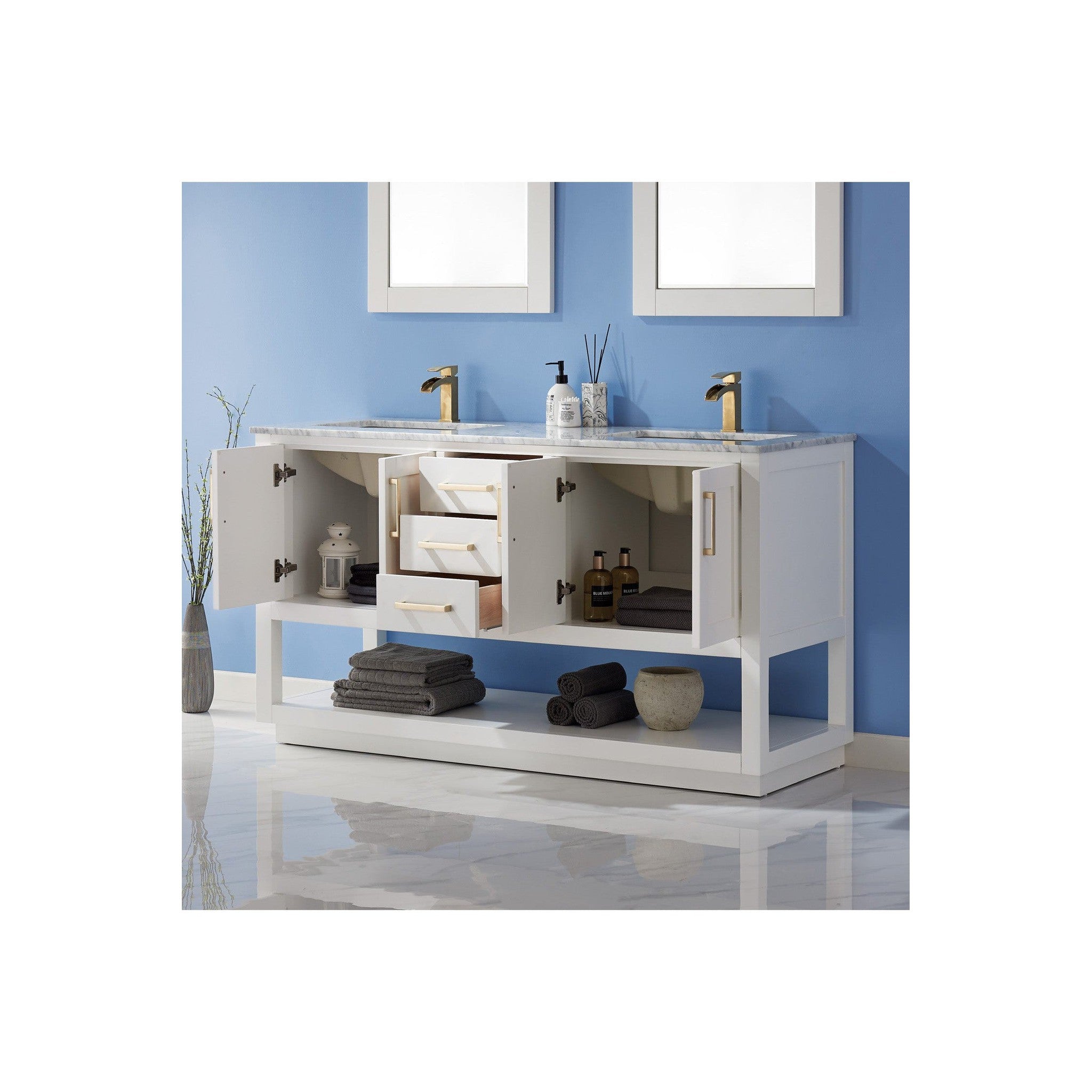 Remi 60" Double Bathroom Vanity Set in White and Carrara White Marble Countertop with Mirror