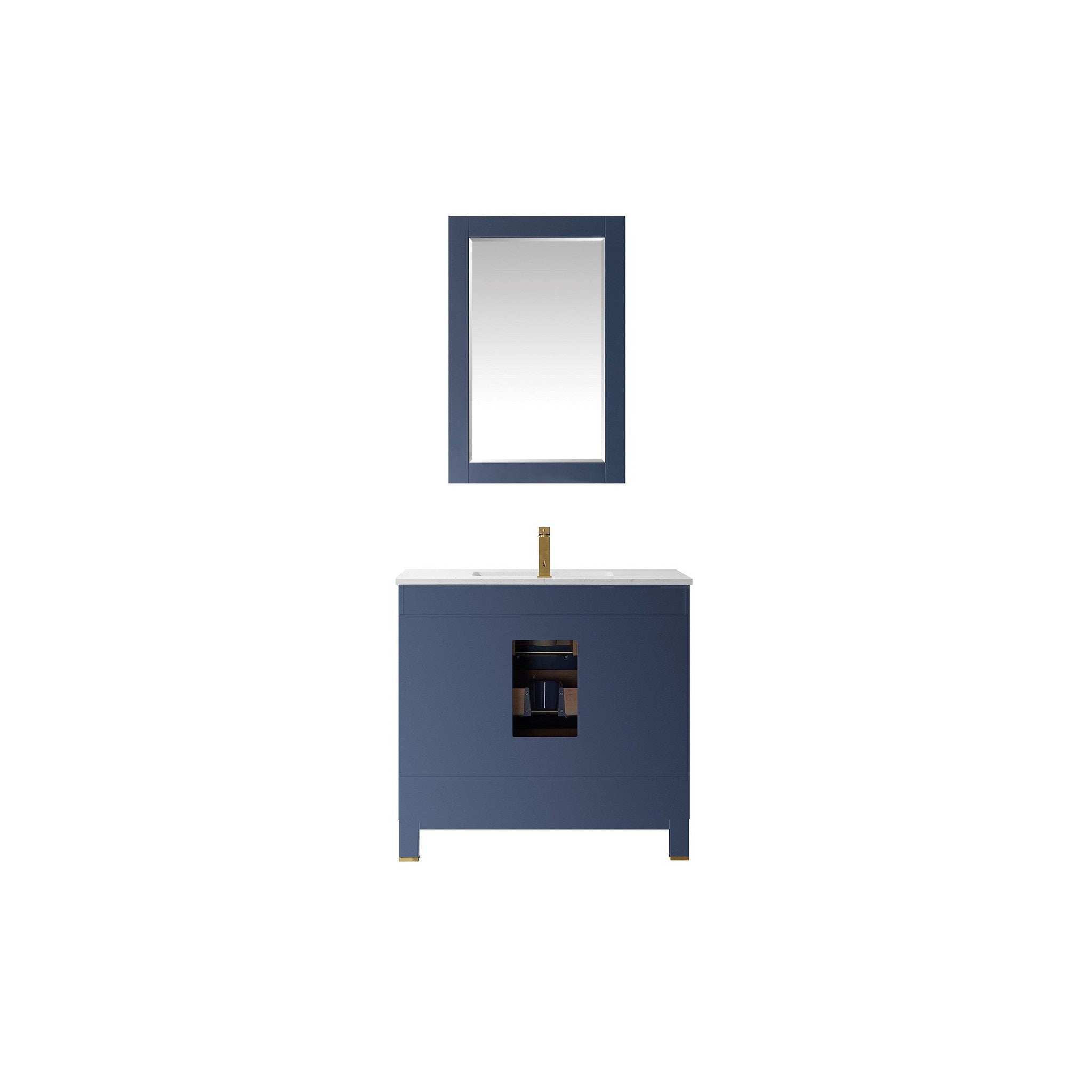 Jackson 36" Single Bathroom Vanity Set in Royal Blue and Composite Carrara White Stone Countertop with Mirror