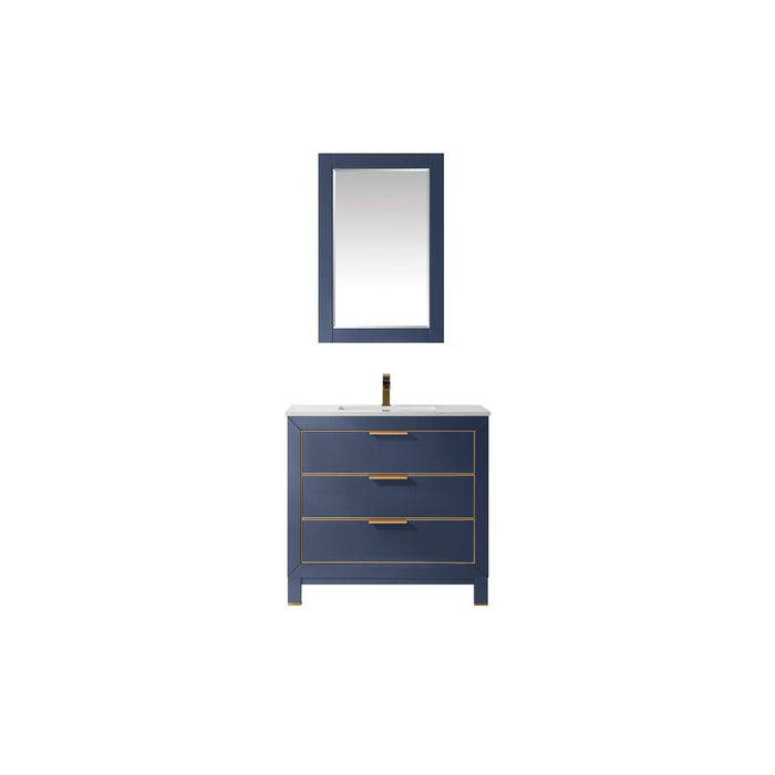 Jackson 36" Single Bathroom Vanity Set in Royal Blue and Composite Carrara White Stone Countertop with Mirror