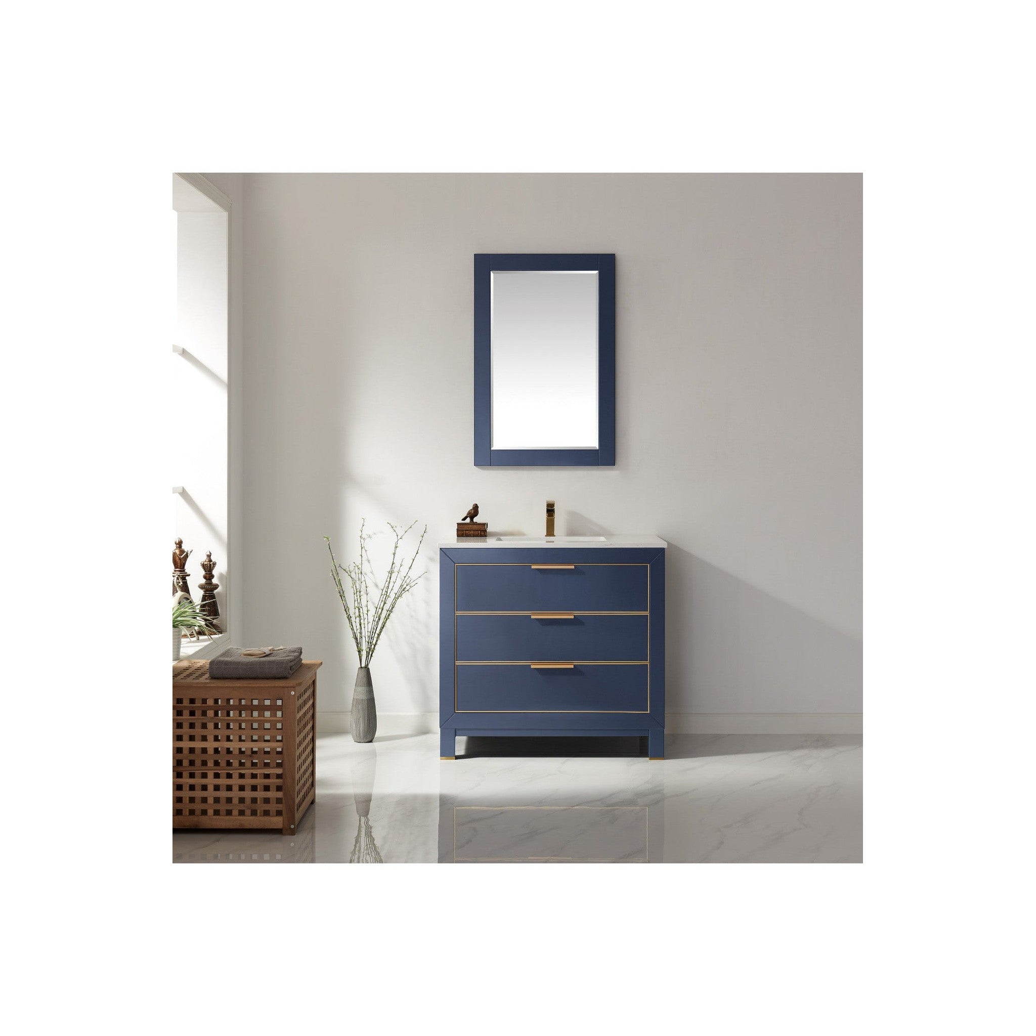 Jackson 36" Single Bathroom Vanity Set in Royal Blue and Composite Carrara White Stone Countertop with Mirror