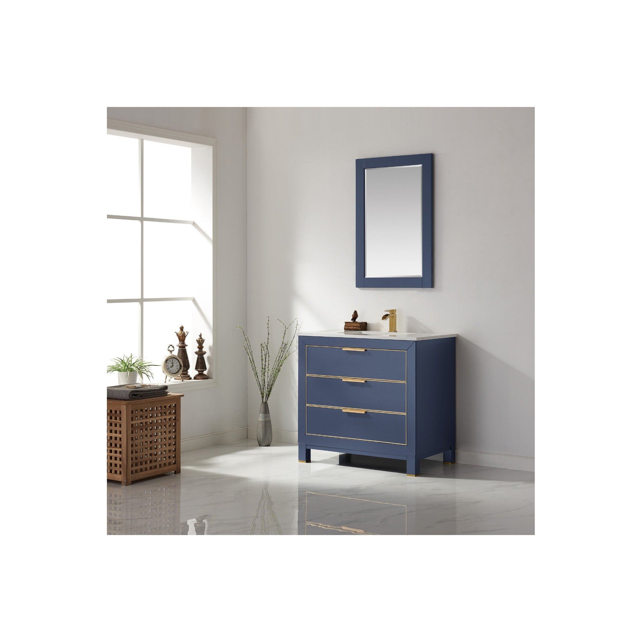Jackson 36" Single Bathroom Vanity Set in Royal Blue and Composite Carrara White Stone Countertop with Mirror