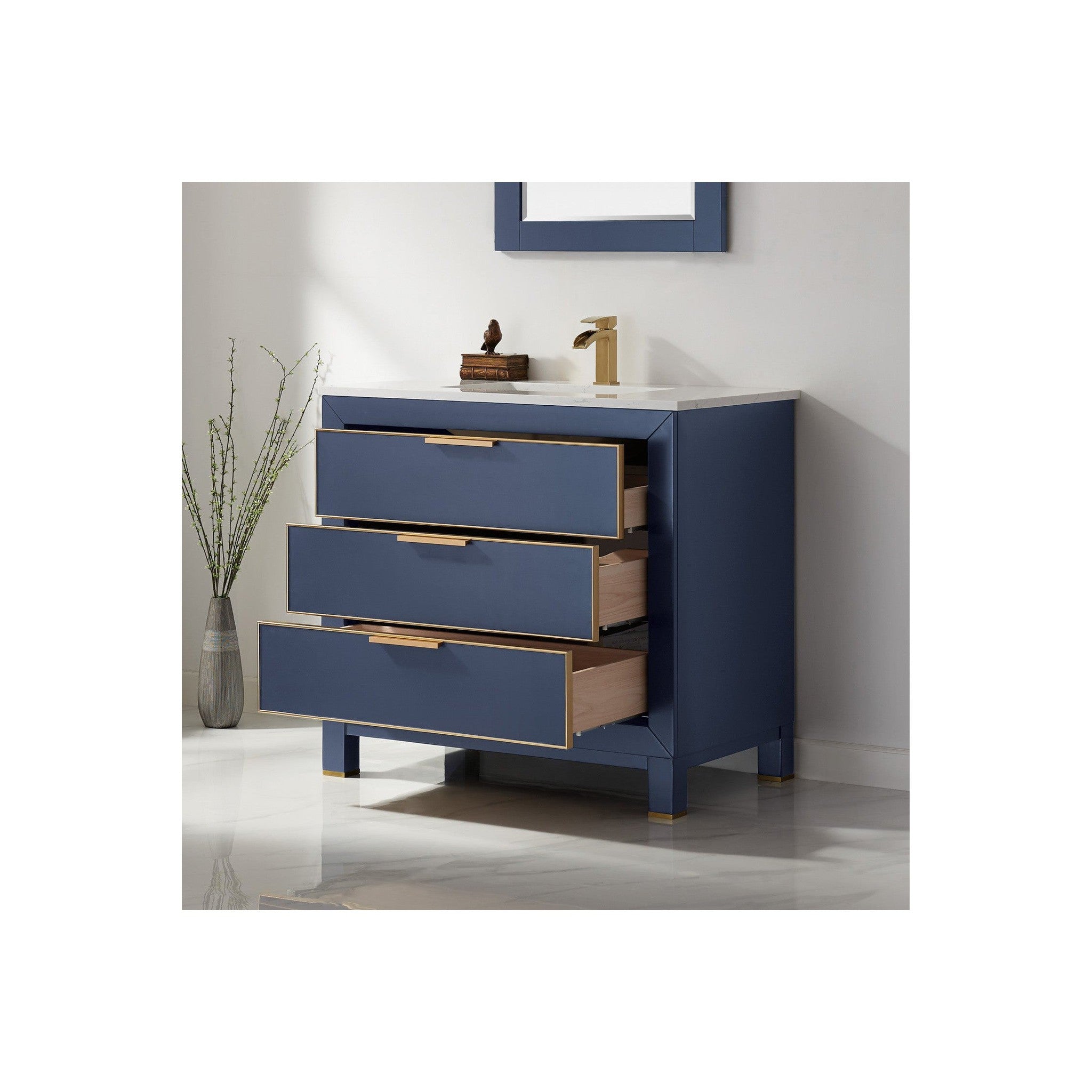 Jackson 36" Single Bathroom Vanity Set in Royal Blue and Composite Carrara White Stone Countertop with Mirror