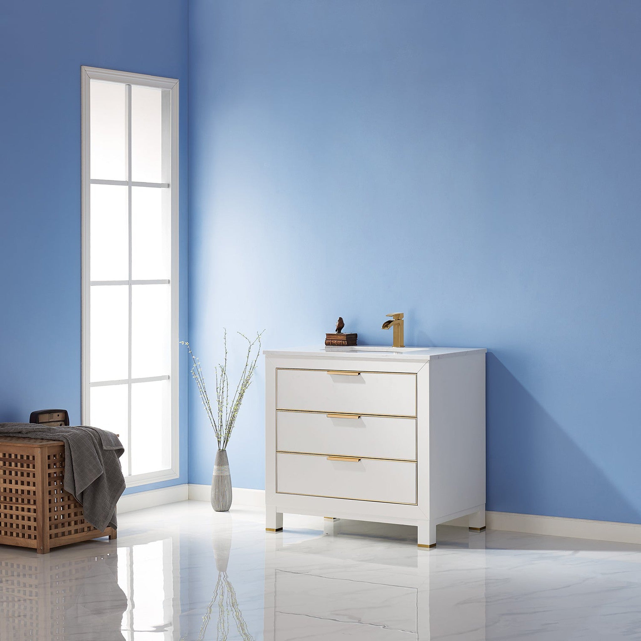 Jackson 36" Single Bathroom Vanity Set in White and Composite Carrara White Stone Countertop without Mirror