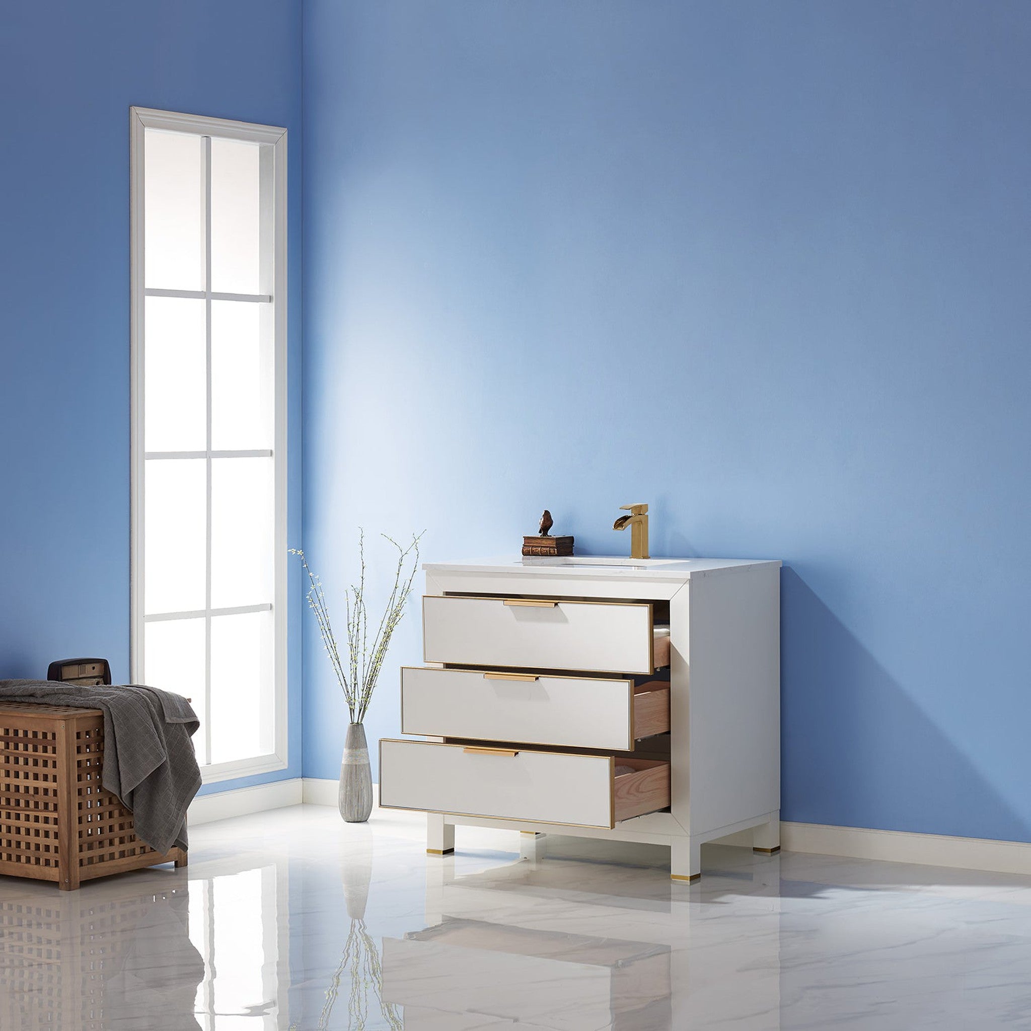 Jackson 36" Single Bathroom Vanity Set in White and Composite Carrara White Stone Countertop without Mirror