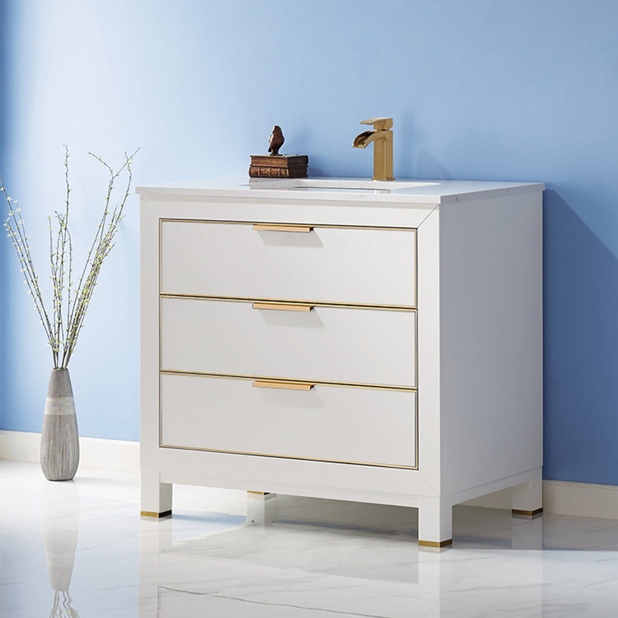 Jackson 36" Single Bathroom Vanity Set in White and Composite Carrara White Stone Countertop without Mirror