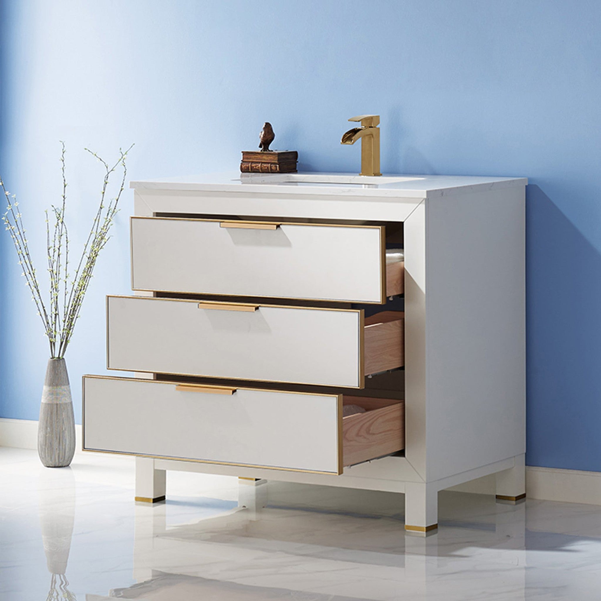 Jackson 36" Single Bathroom Vanity Set in White and Composite Carrara White Stone Countertop without Mirror