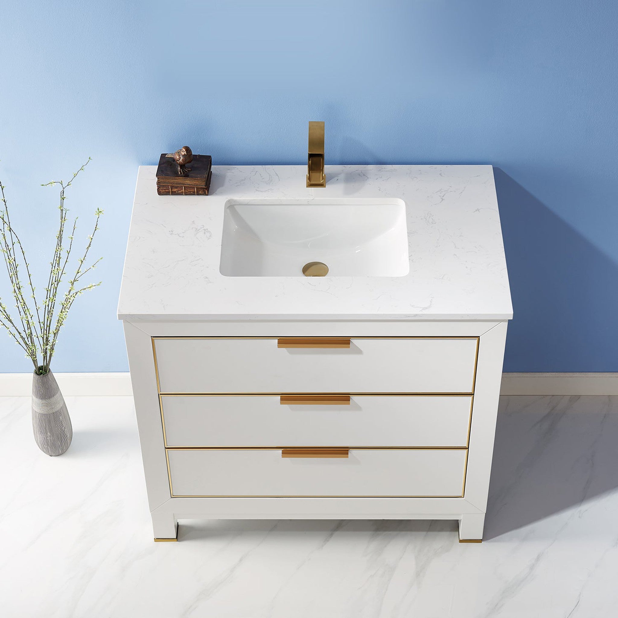 Jackson 36" Single Bathroom Vanity Set in White and Composite Carrara White Stone Countertop without Mirror
