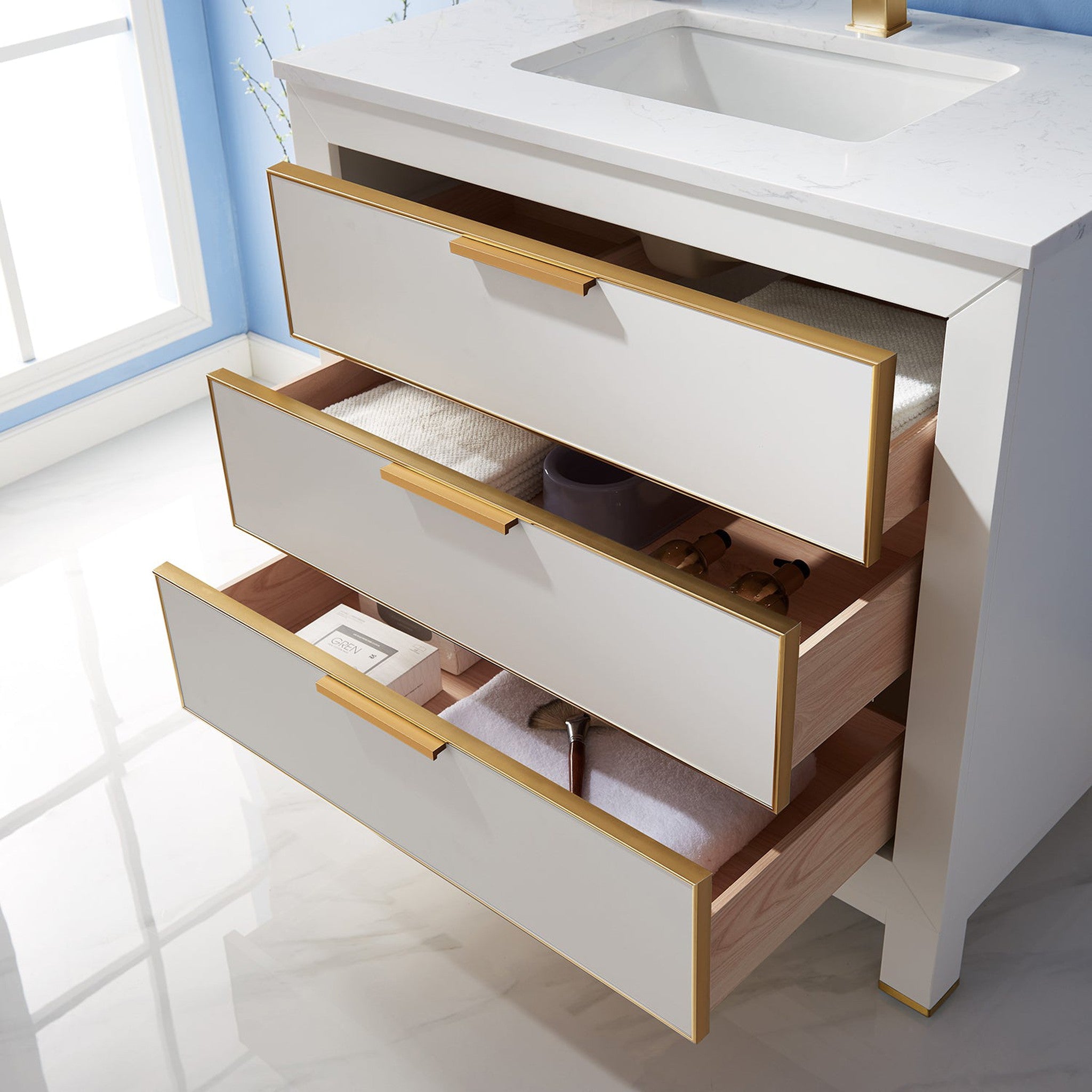 Jackson 36" Single Bathroom Vanity Set in White and Composite Carrara White Stone Countertop without Mirror