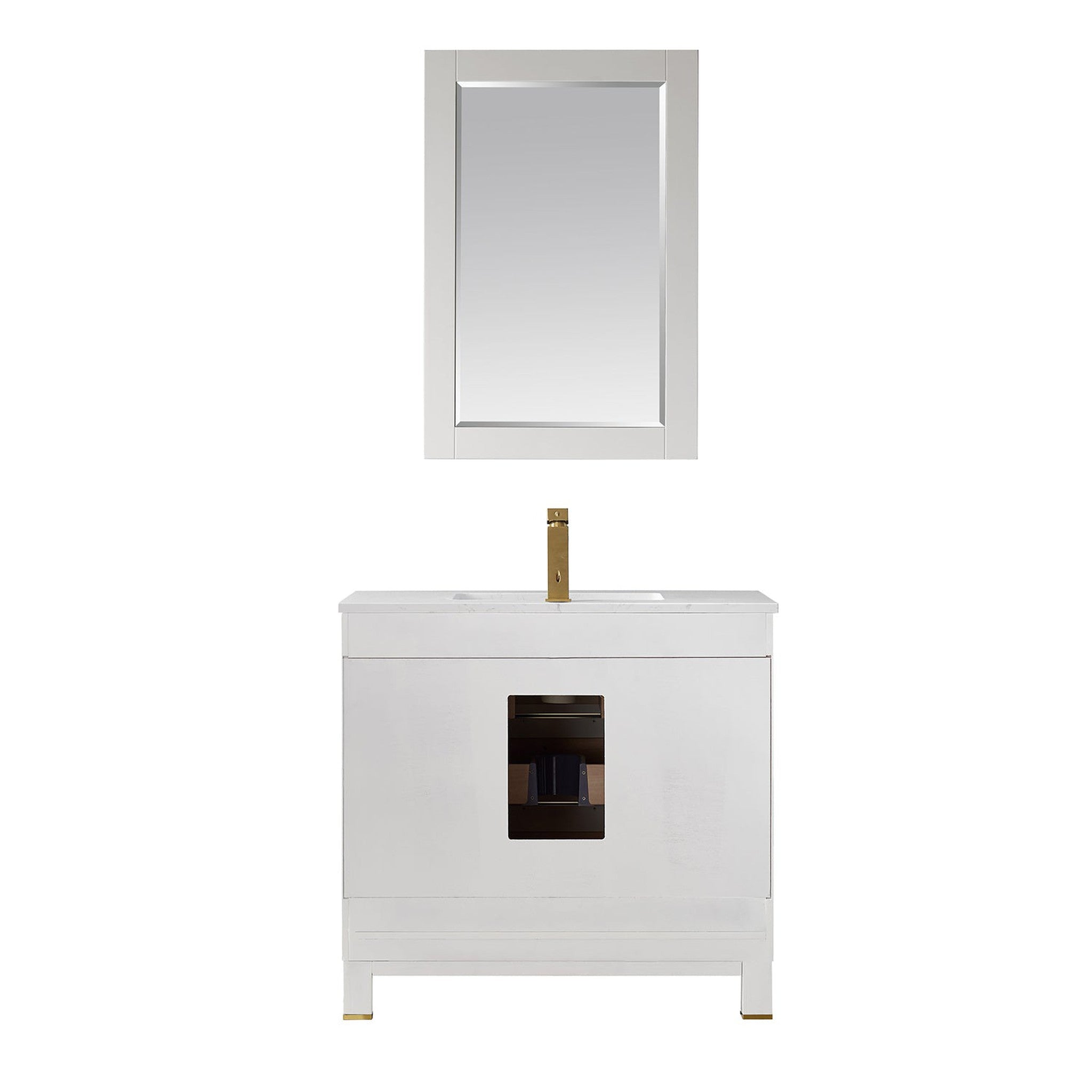 Jackson 36" Single Bathroom Vanity Set in White and Composite Carrara White Stone Countertop with Mirror