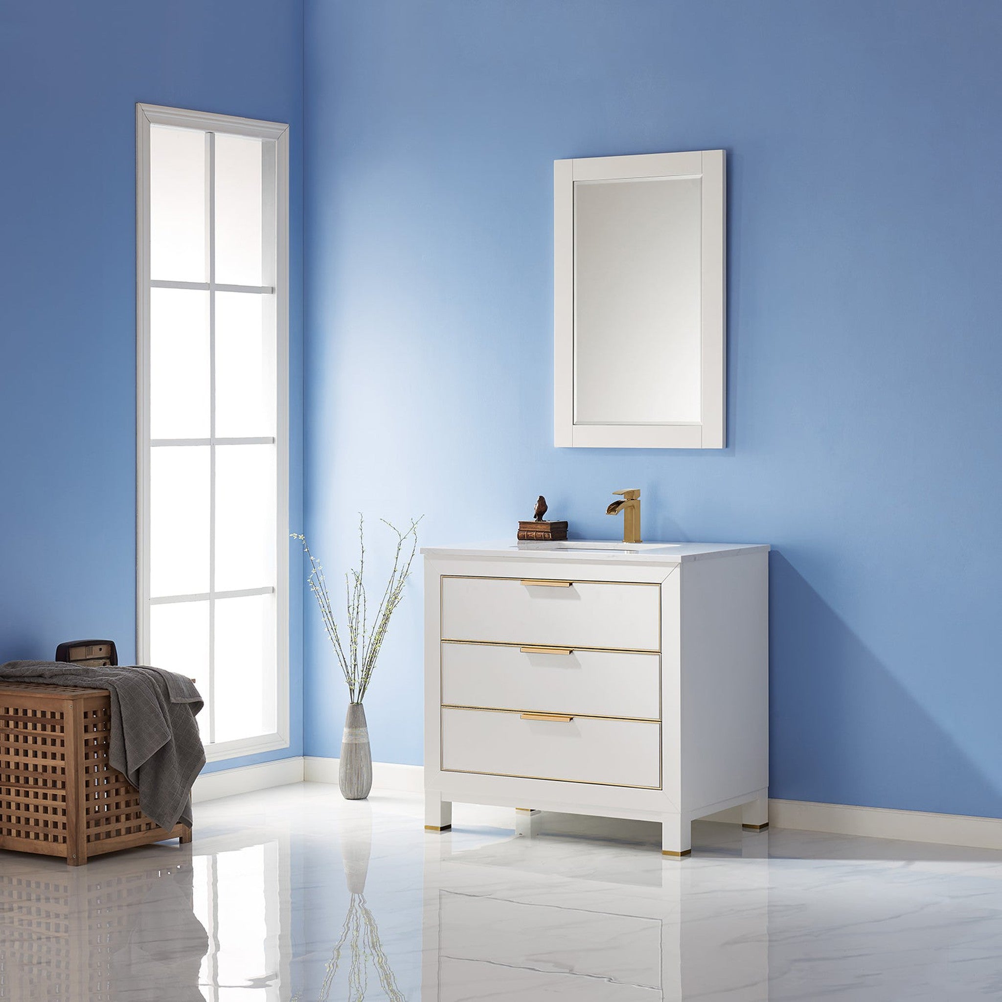 Jackson 36" Single Bathroom Vanity Set in White and Composite Carrara White Stone Countertop with Mirror