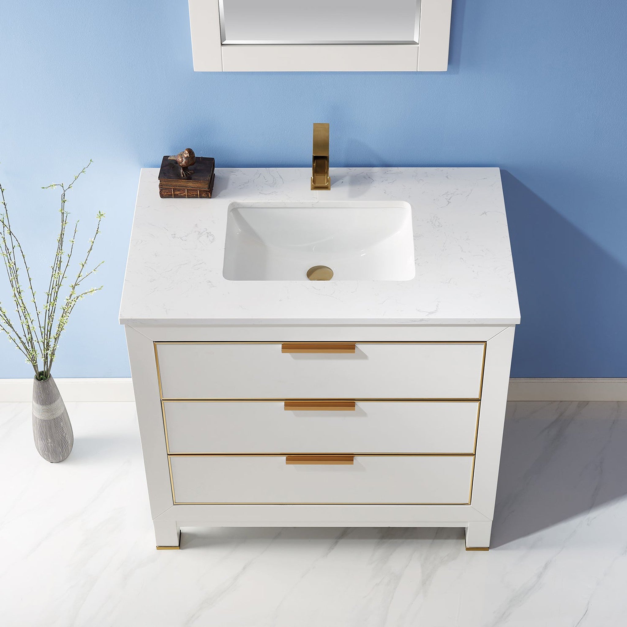 Jackson 36" Single Bathroom Vanity Set in White and Composite Carrara White Stone Countertop with Mirror