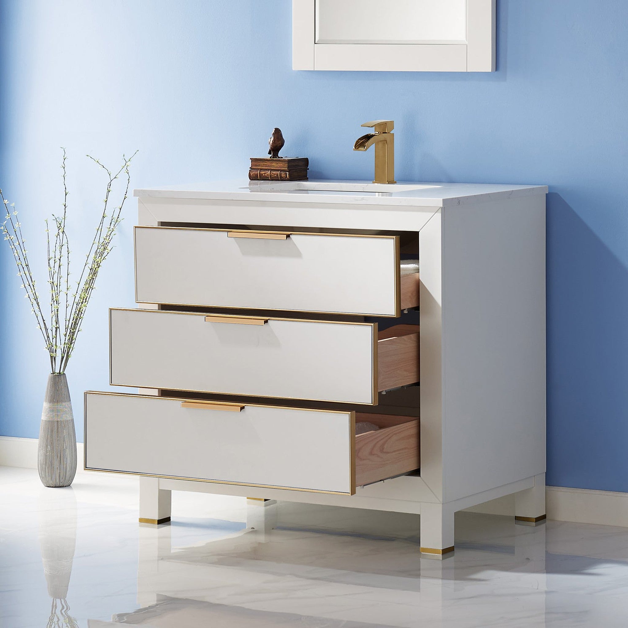 Jackson 36" Single Bathroom Vanity Set in White and Composite Carrara White Stone Countertop with Mirror