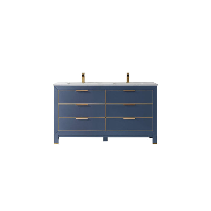 Jackson 60" Double Bathroom Vanity Set in Royal Blue and Composite Carrara White Stone Countertop without Mirror