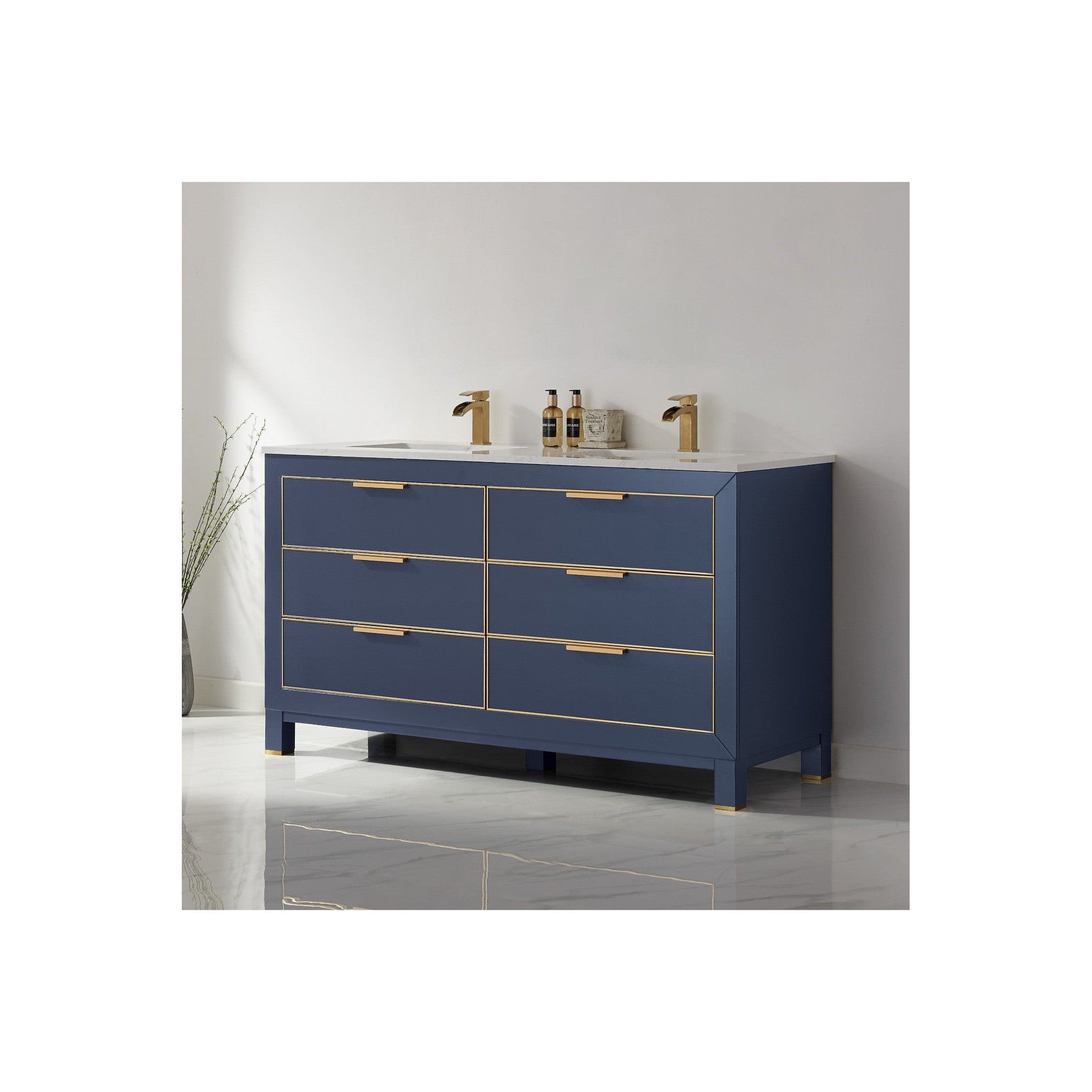 Jackson 60" Double Bathroom Vanity Set in Royal Blue and Composite Carrara White Stone Countertop without Mirror