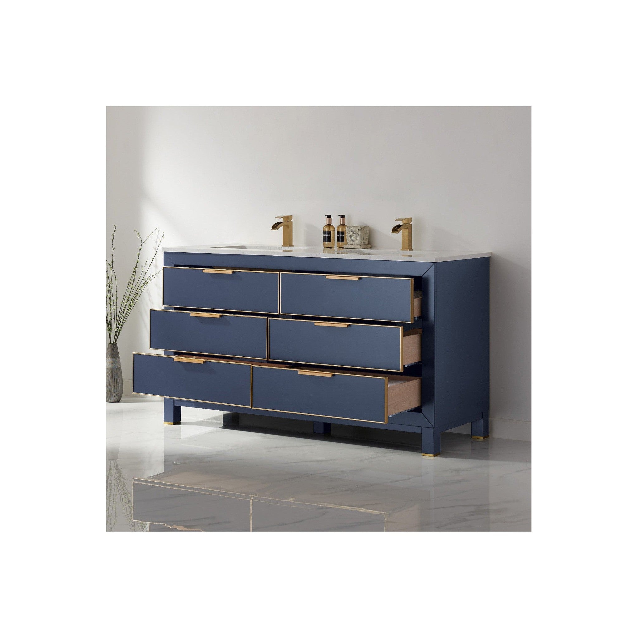 Jackson 60" Double Bathroom Vanity Set in Royal Blue and Composite Carrara White Stone Countertop without Mirror