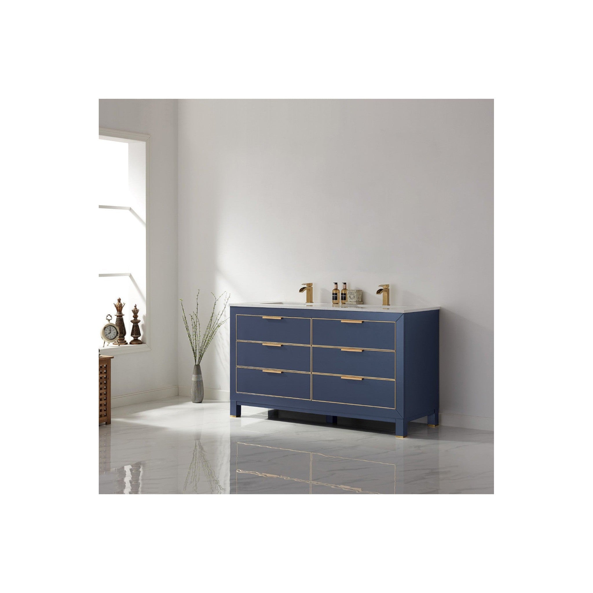 Jackson 60" Double Bathroom Vanity Set in Royal Blue and Composite Carrara White Stone Countertop without Mirror