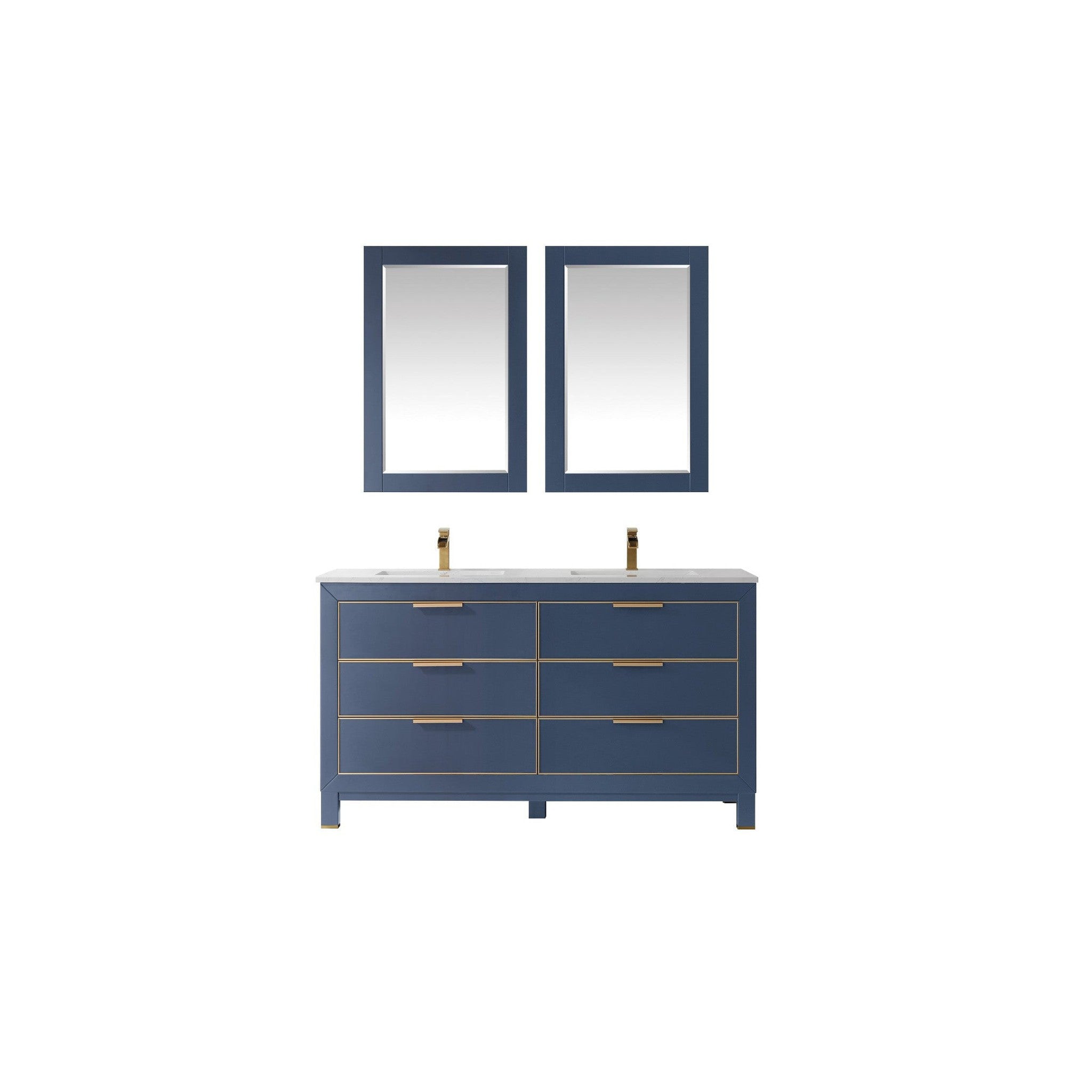 Jackson 60" Double Bathroom Vanity Set in Royal Blue and Composite Carrara White Stone Countertop with Mirror