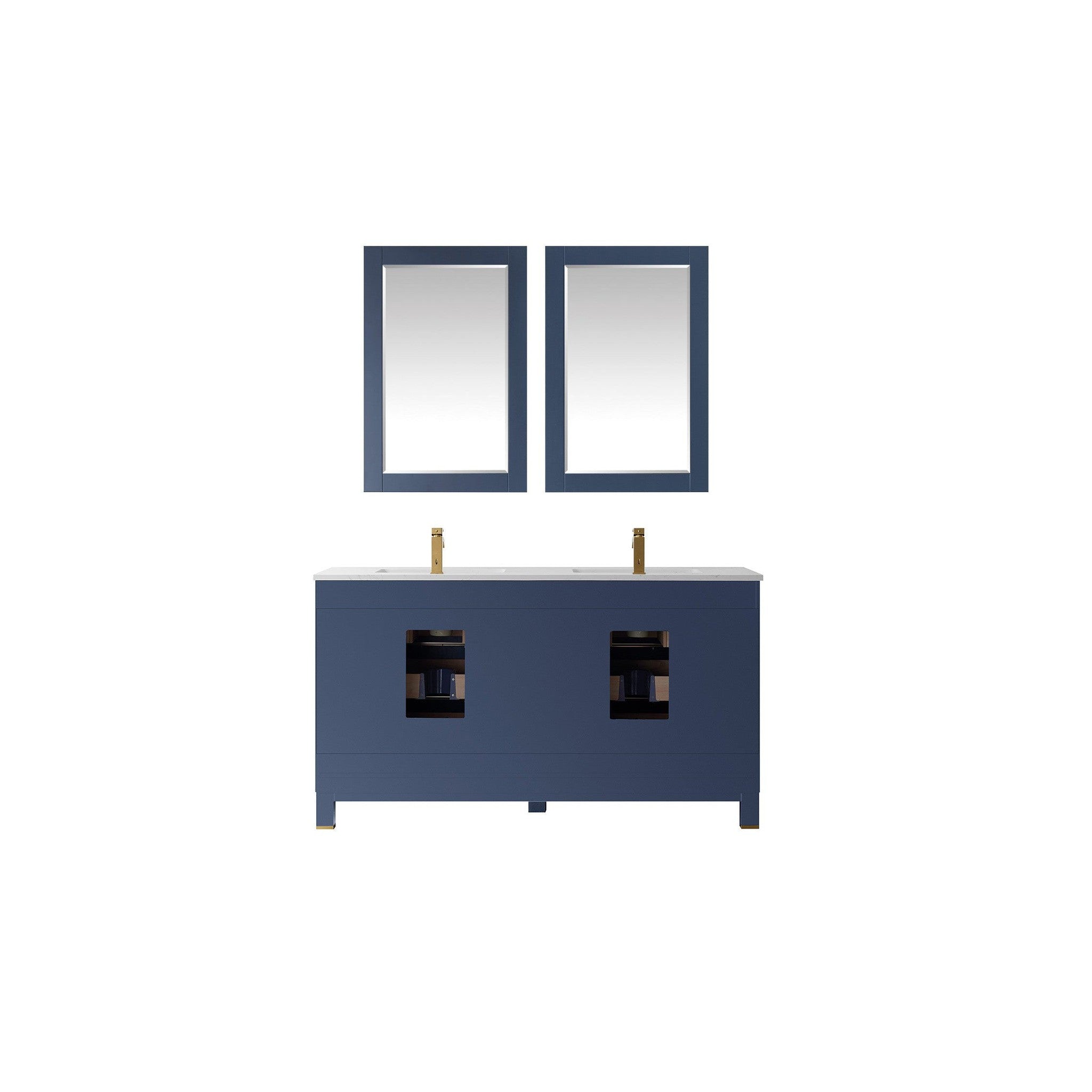 Jackson 60" Double Bathroom Vanity Set in Royal Blue and Composite Carrara White Stone Countertop with Mirror