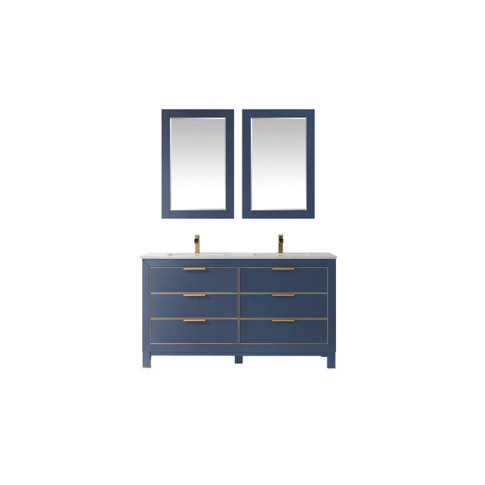 Jackson 60" Double Bathroom Vanity Set in Royal Blue and Composite Carrara White Stone Countertop with Mirror