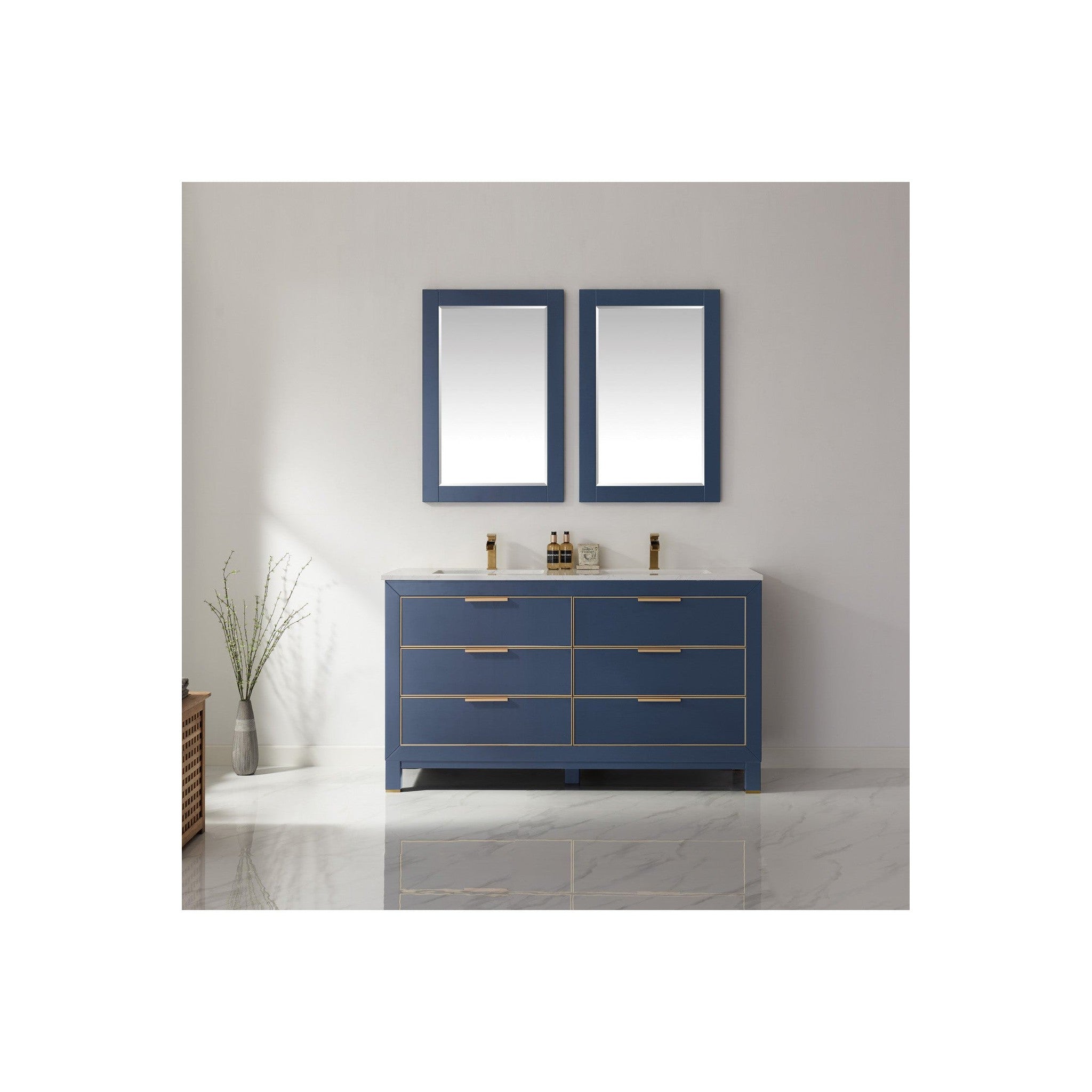 Jackson 60" Double Bathroom Vanity Set in Royal Blue and Composite Carrara White Stone Countertop with Mirror