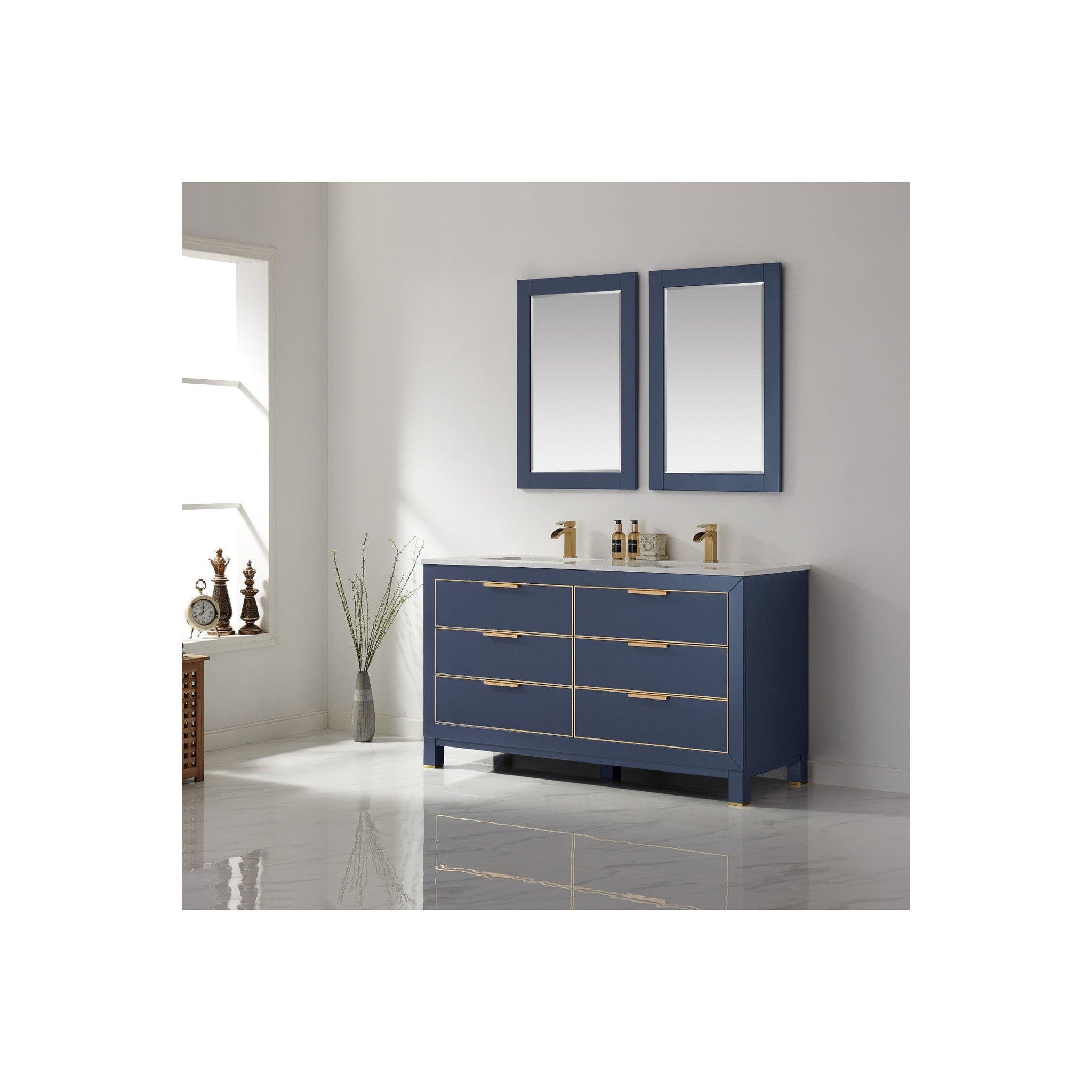 Jackson 60" Double Bathroom Vanity Set in Royal Blue and Composite Carrara White Stone Countertop with Mirror