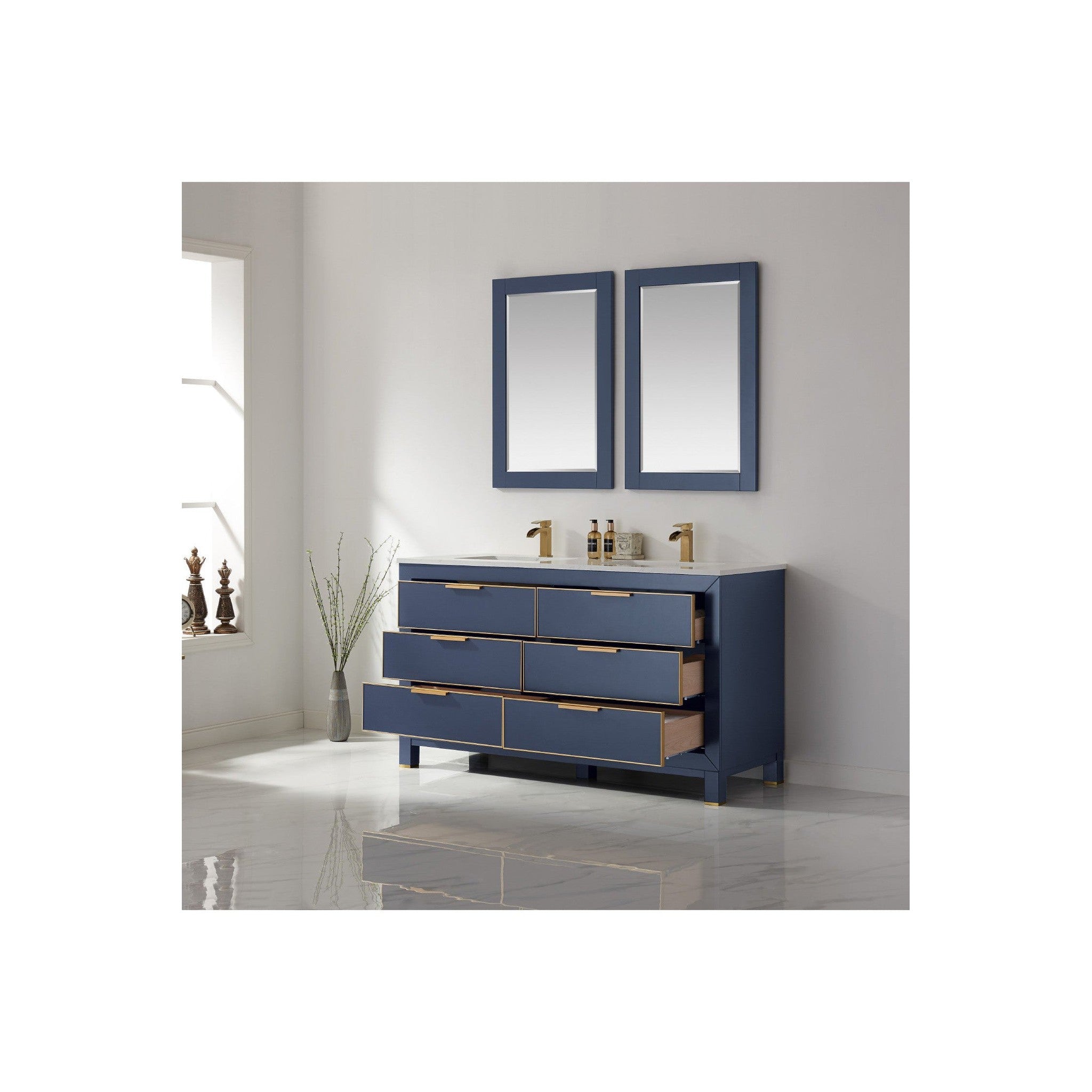 Jackson 60" Double Bathroom Vanity Set in Royal Blue and Composite Carrara White Stone Countertop with Mirror