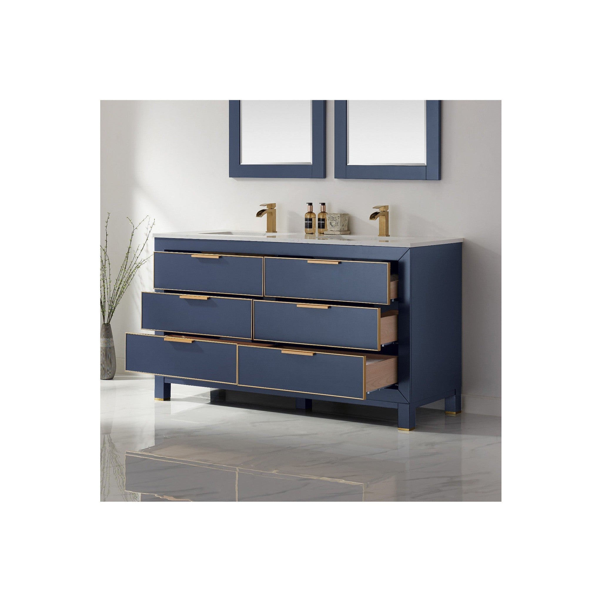 Jackson 60" Double Bathroom Vanity Set in Royal Blue and Composite Carrara White Stone Countertop with Mirror