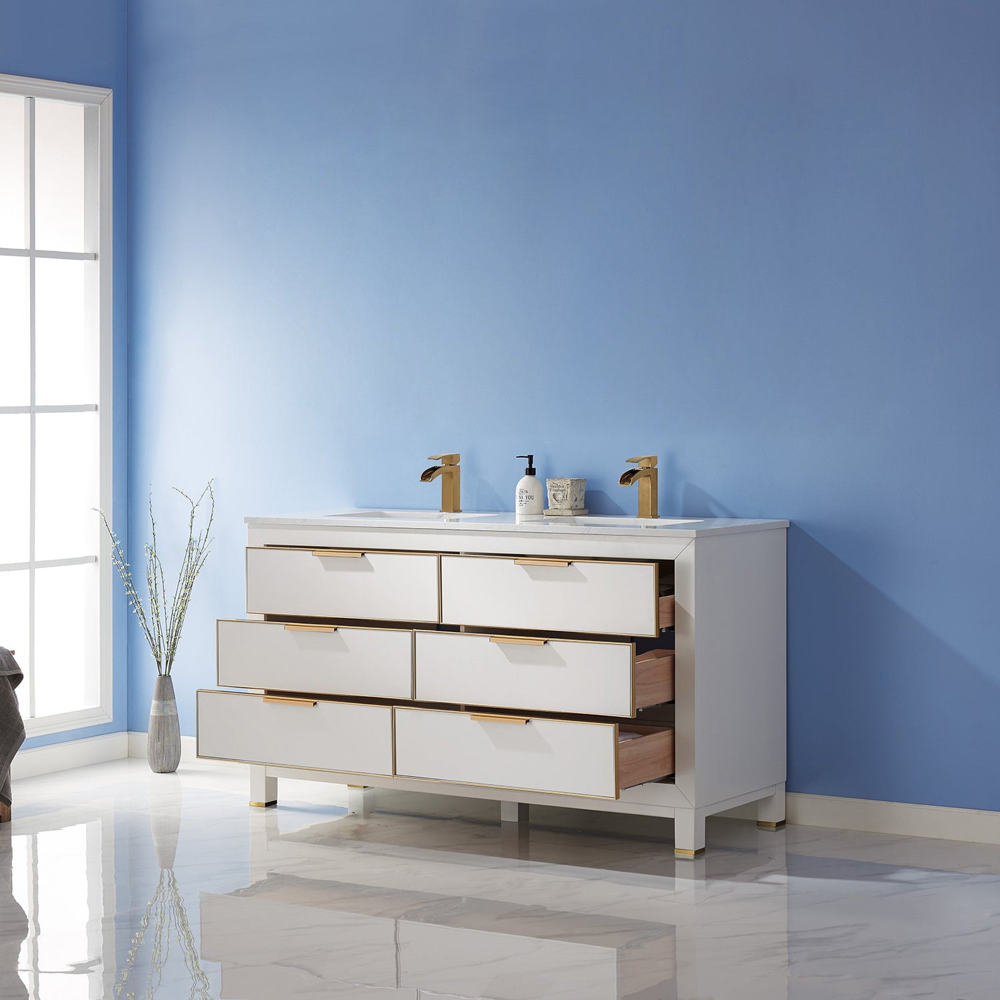 Jackson 60" Double Bathroom Vanity Set in White and Composite Carrara White Stone Countertop without Mirror