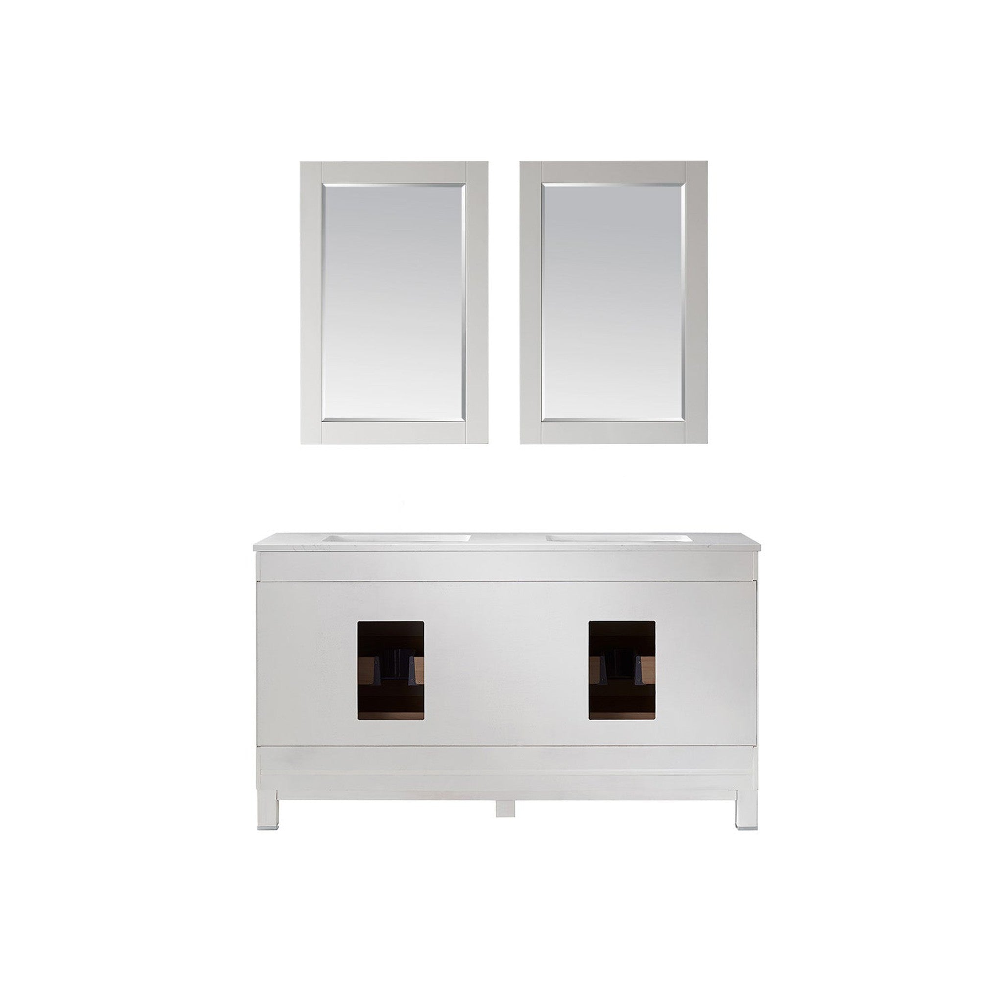 Jackson 60" Double Bathroom Vanity Set in White and Composite Carrara White Stone Countertop with Mirror