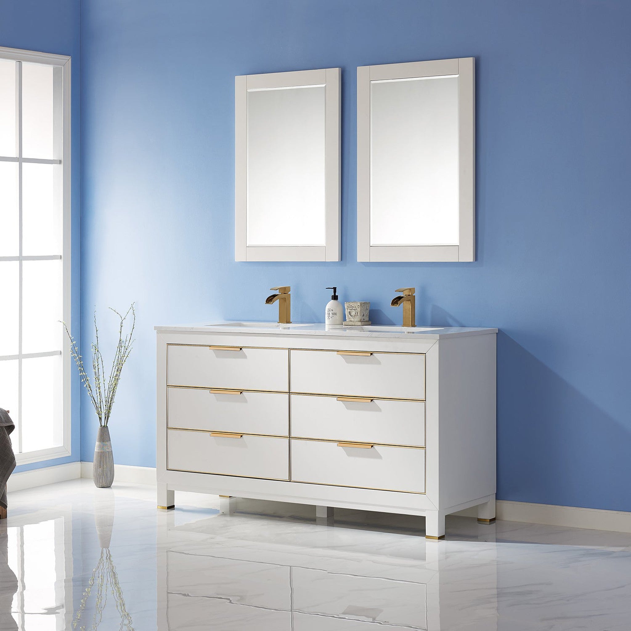 Jackson 60" Double Bathroom Vanity Set in White and Composite Carrara White Stone Countertop with Mirror