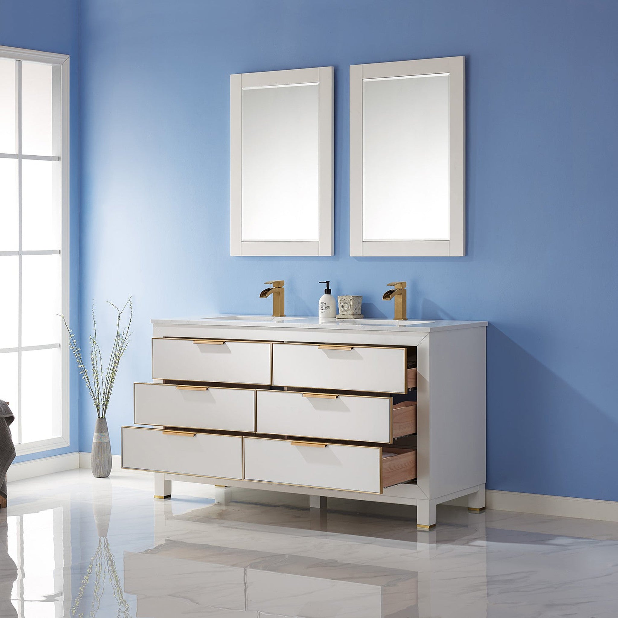 Jackson 60" Double Bathroom Vanity Set in White and Composite Carrara White Stone Countertop with Mirror