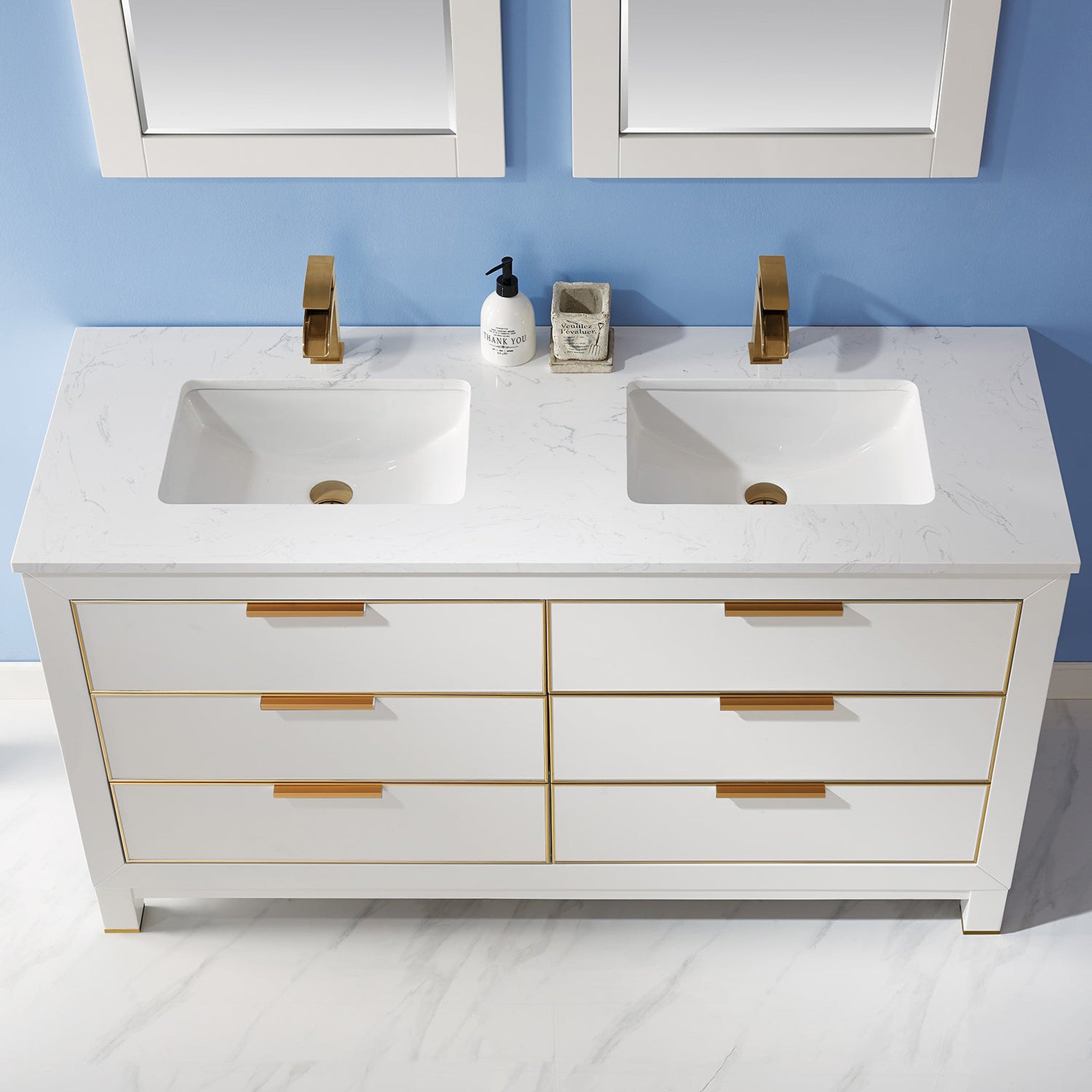 Jackson 60" Double Bathroom Vanity Set in White and Composite Carrara White Stone Countertop with Mirror