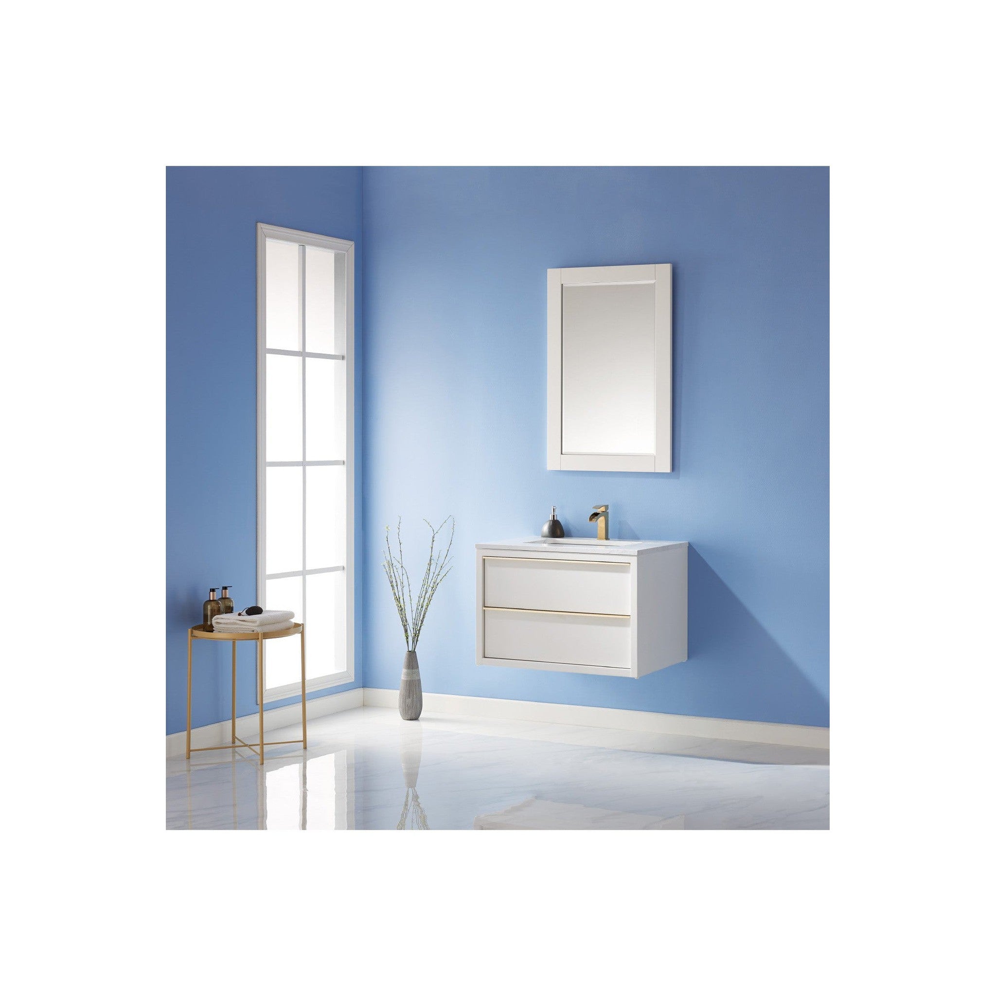 Morgan 30" Single Bathroom Vanity Set in White and Composite Carrara White Stone Countertop with Mirror