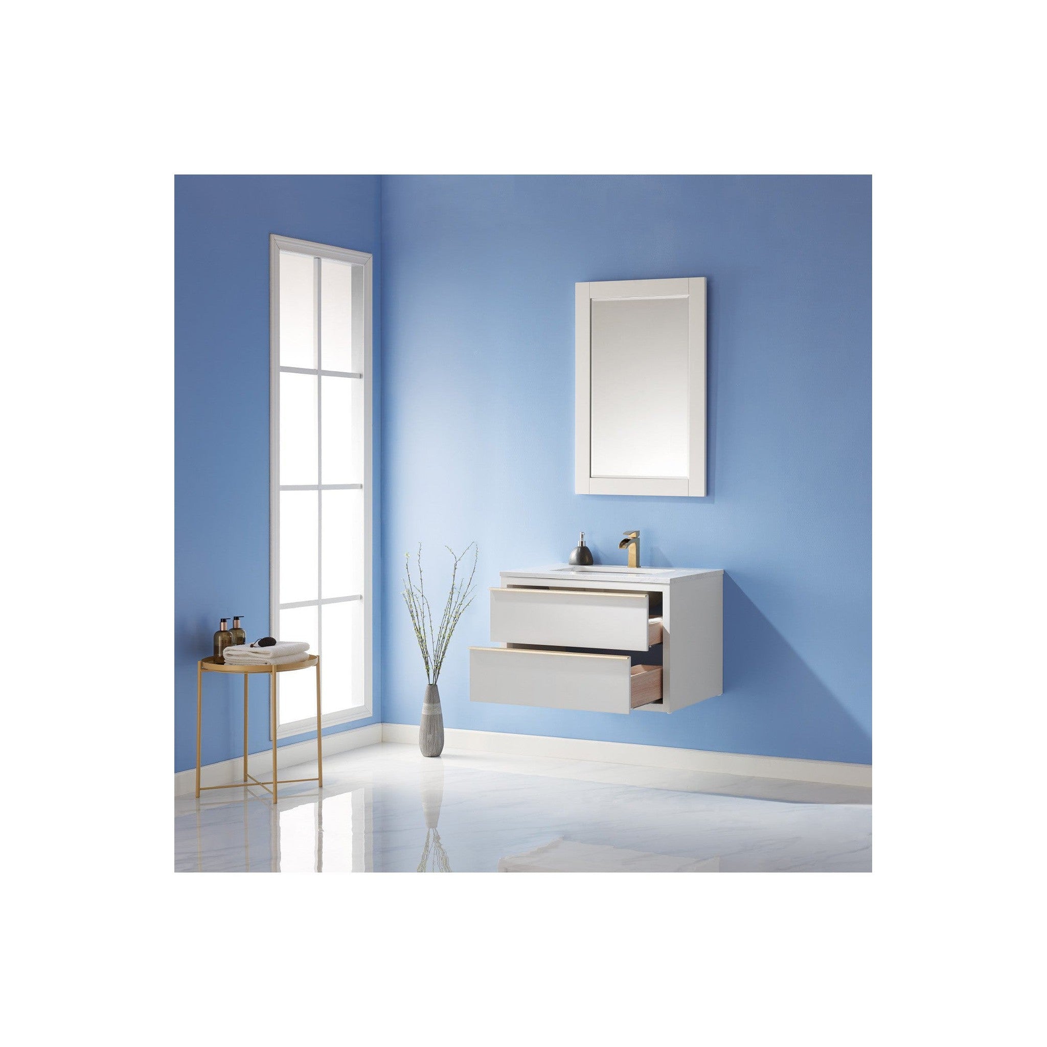 Morgan 30" Single Bathroom Vanity Set in White and Composite Carrara White Stone Countertop with Mirror