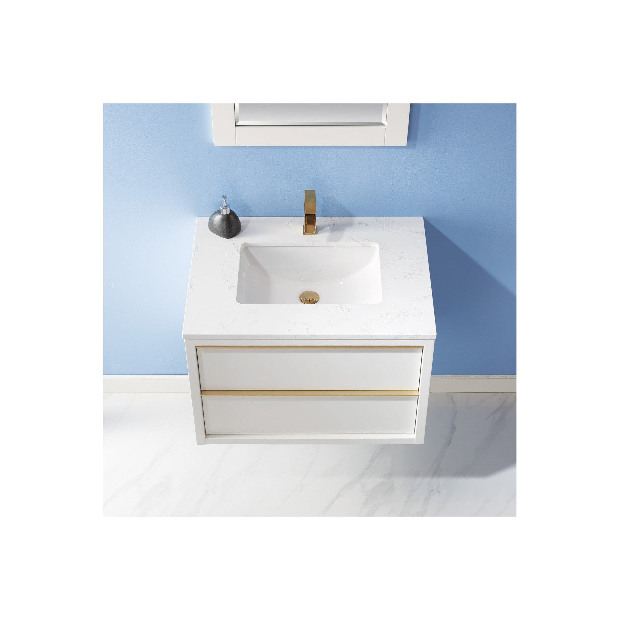 Morgan 30" Single Bathroom Vanity Set in White and Composite Carrara White Stone Countertop with Mirror