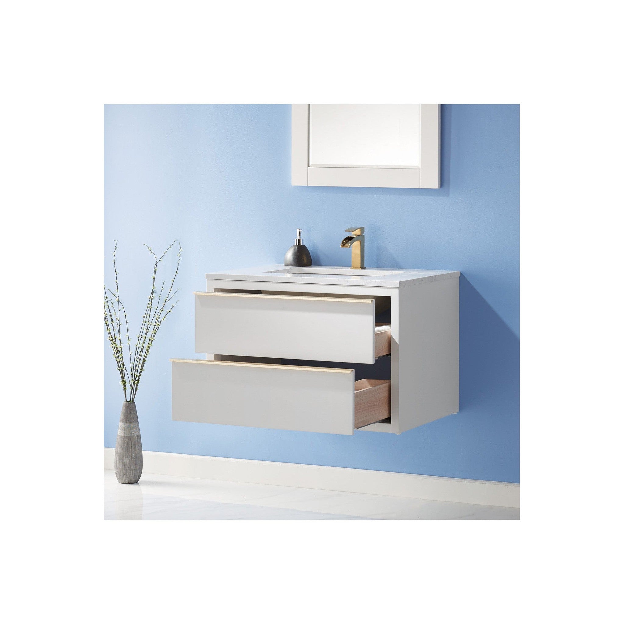 Morgan 30" Single Bathroom Vanity Set in White and Composite Carrara White Stone Countertop with Mirror