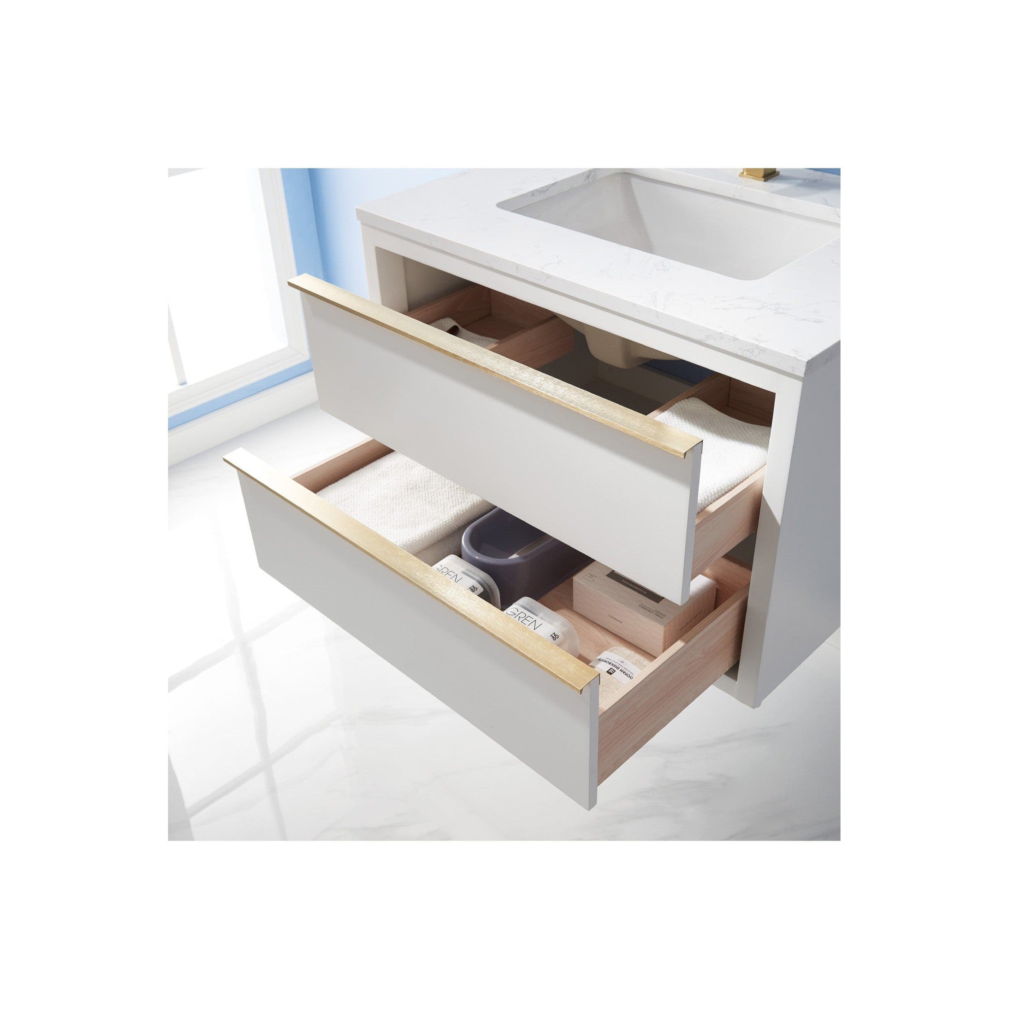 Morgan 30" Single Bathroom Vanity Set in White and Composite Carrara White Stone Countertop with Mirror