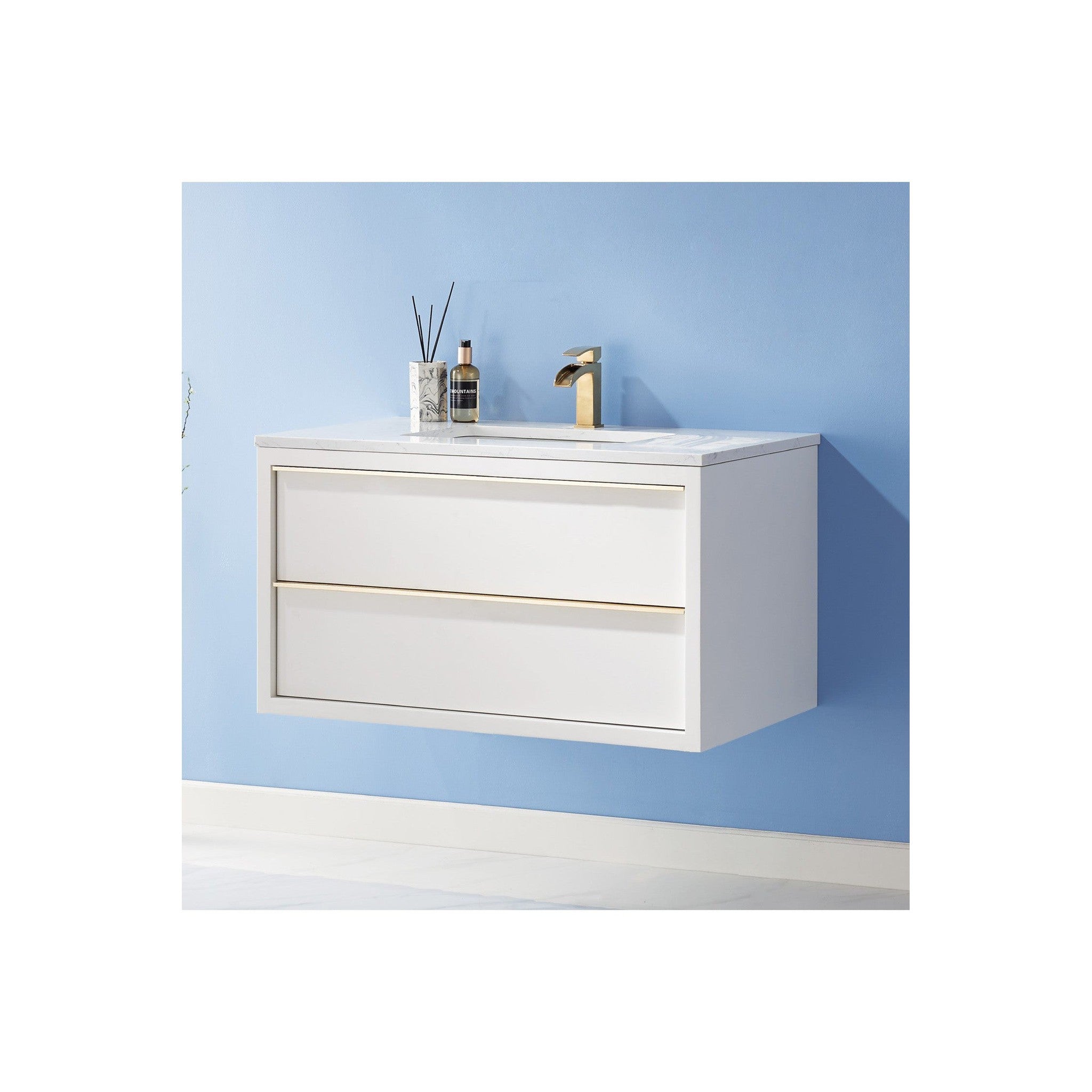Morgan 36" Single Bathroom Vanity Set in White and Composite Carrara White Stone Countertop without Mirror