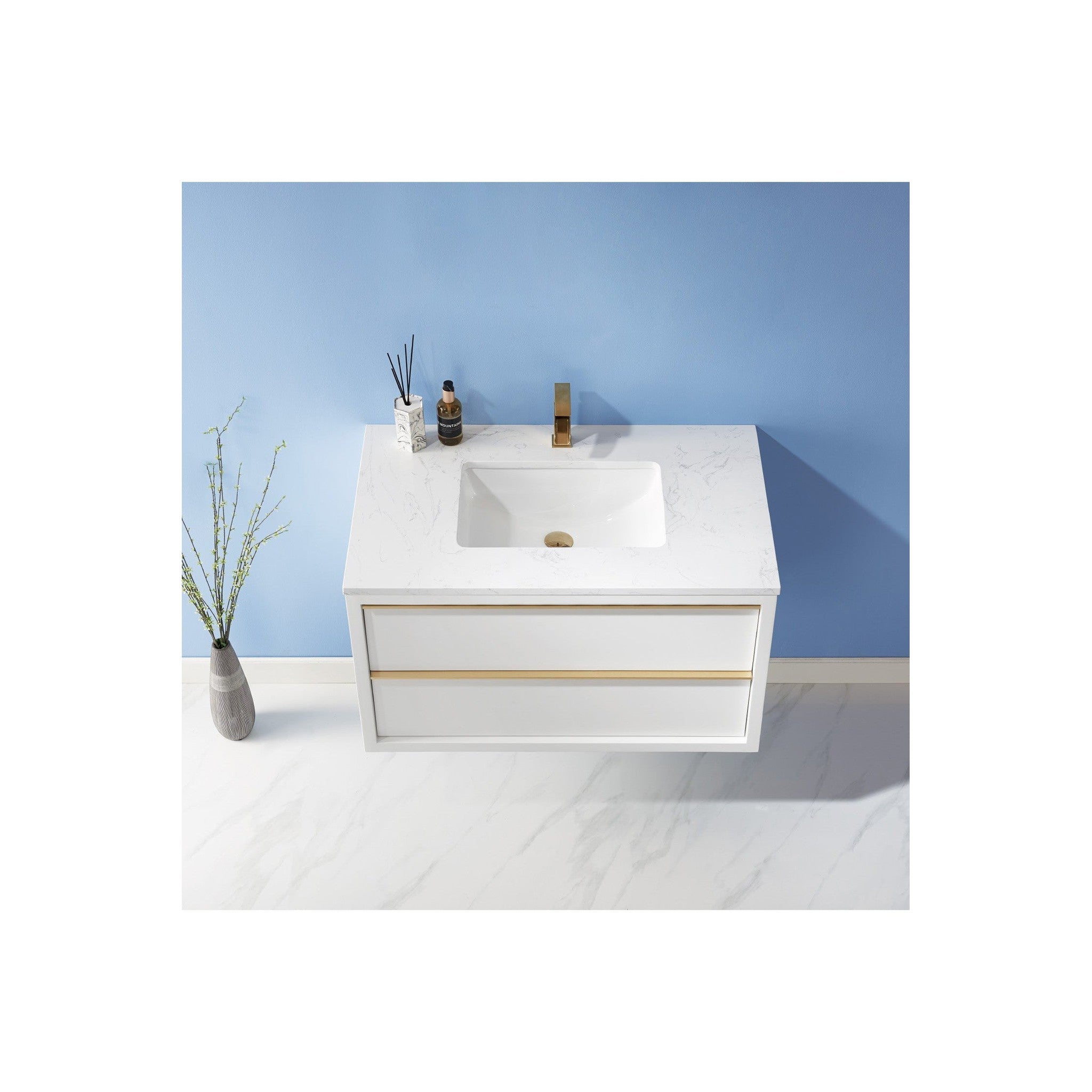 Morgan 36" Single Bathroom Vanity Set in White and Composite Carrara White Stone Countertop without Mirror