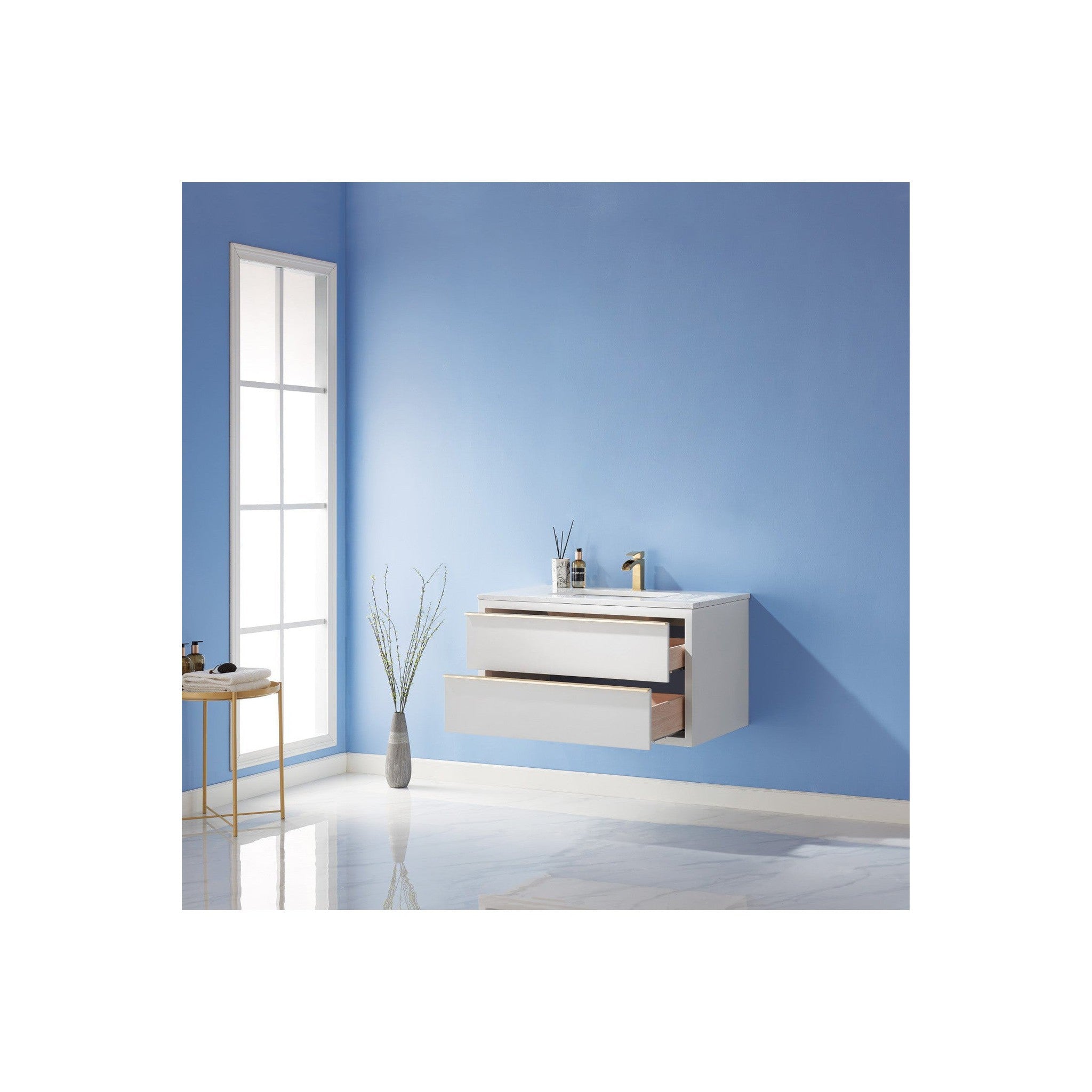 Morgan 36" Single Bathroom Vanity Set in White and Composite Carrara White Stone Countertop without Mirror