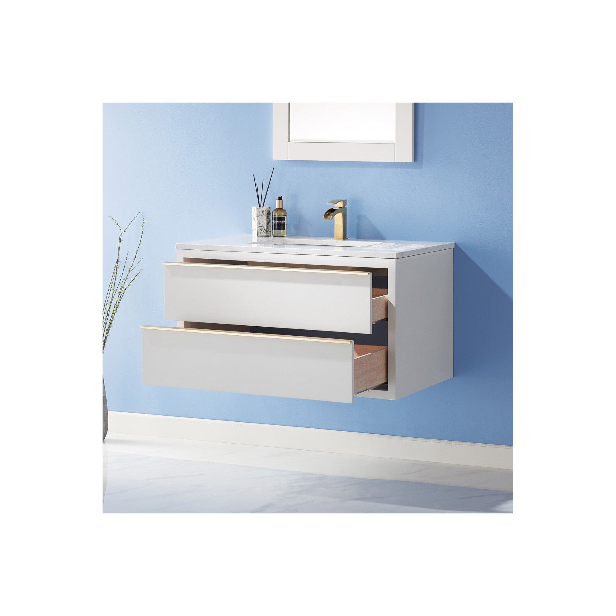 Morgan 36" Single Bathroom Vanity Set in White and Composite Carrara White Stone Countertop with Mirror