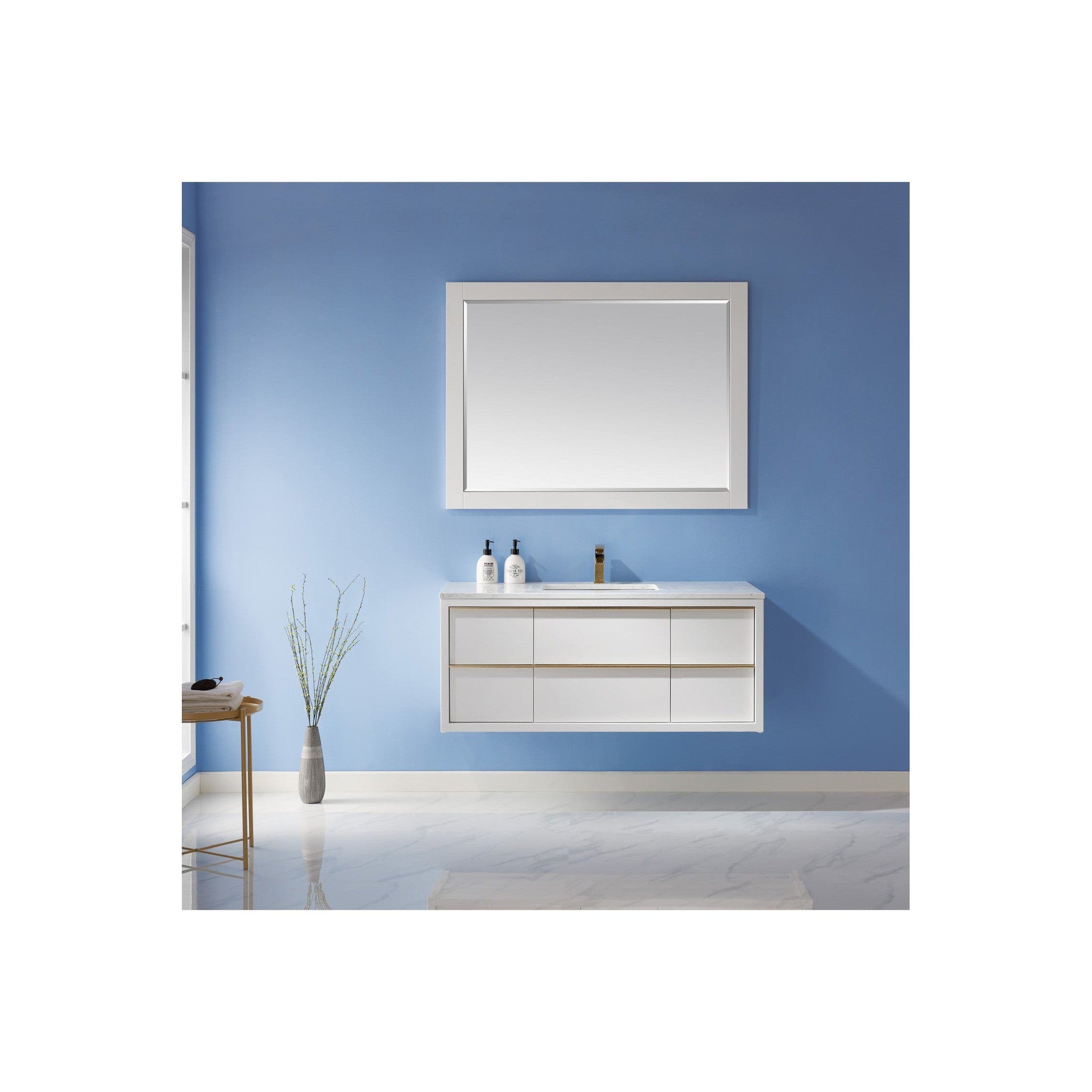 Morgan 48" Single Bathroom Vanity Set in White and Composite Carrara White Stone Countertop with Mirror