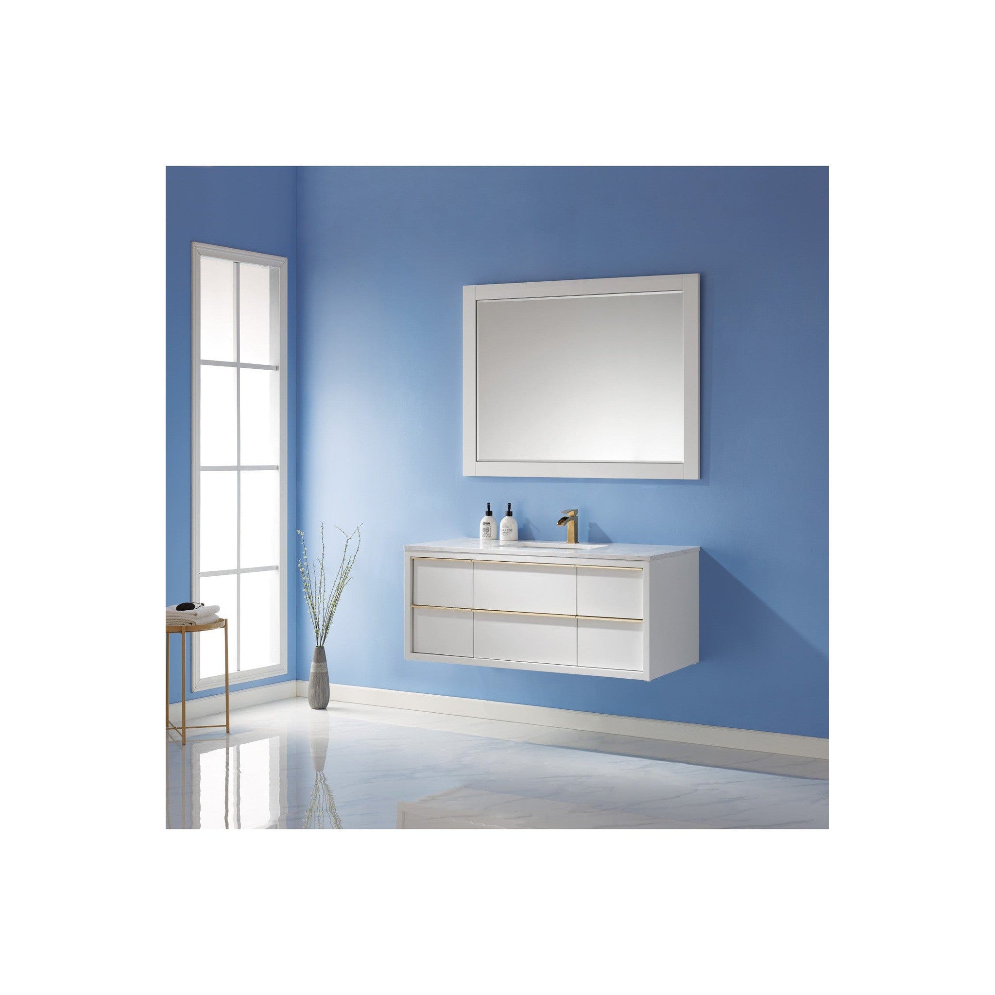Morgan 48" Single Bathroom Vanity Set in White and Composite Carrara White Stone Countertop with Mirror