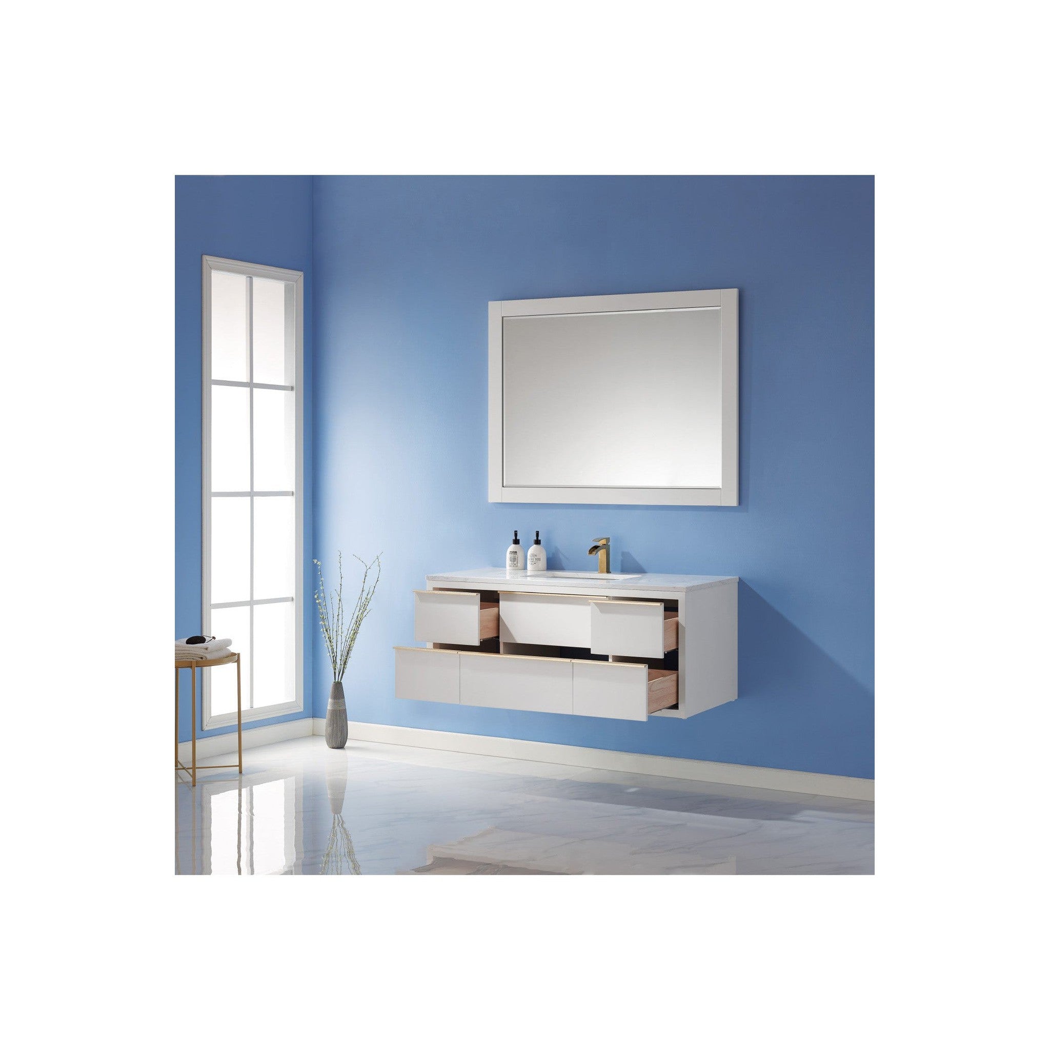 Morgan 48" Single Bathroom Vanity Set in White and Composite Carrara White Stone Countertop with Mirror