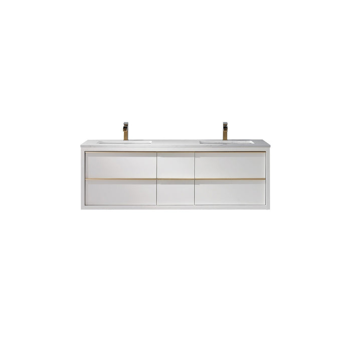 Morgan 60" Double Bathroom Vanity Set in White and Composite Carrara White Stone Countertop without Mirror