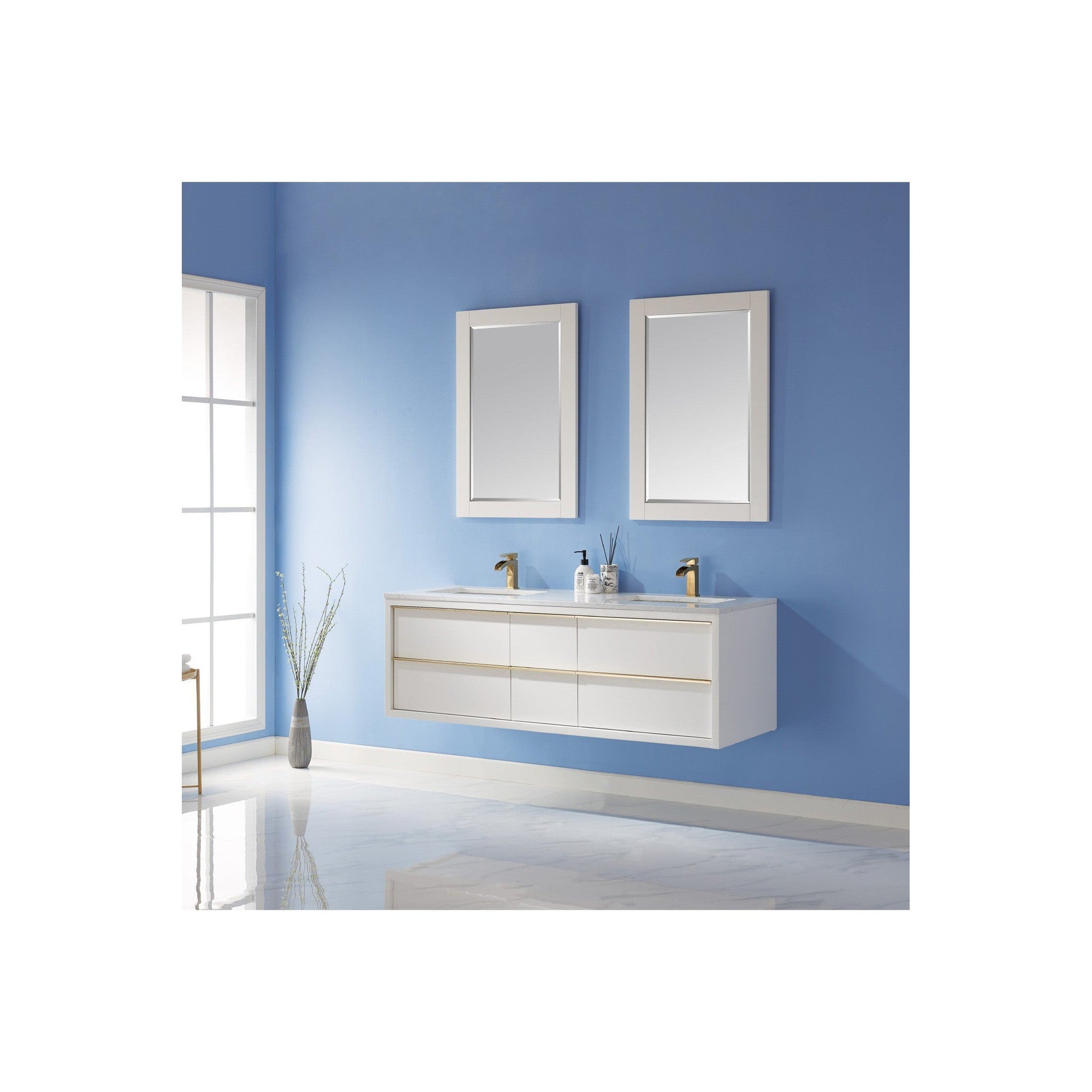 Morgan 60" Double Bathroom Vanity Set in White and Composite Carrara White Stone Countertop with Mirror
